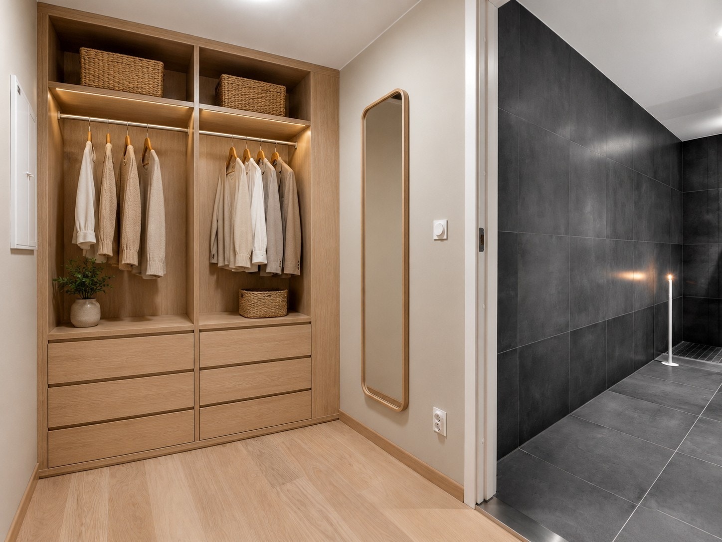 Walk-in-garderobe i forbindelse med bad og hovedsoverom. Bildet er digitalt møblert. Galleribilde