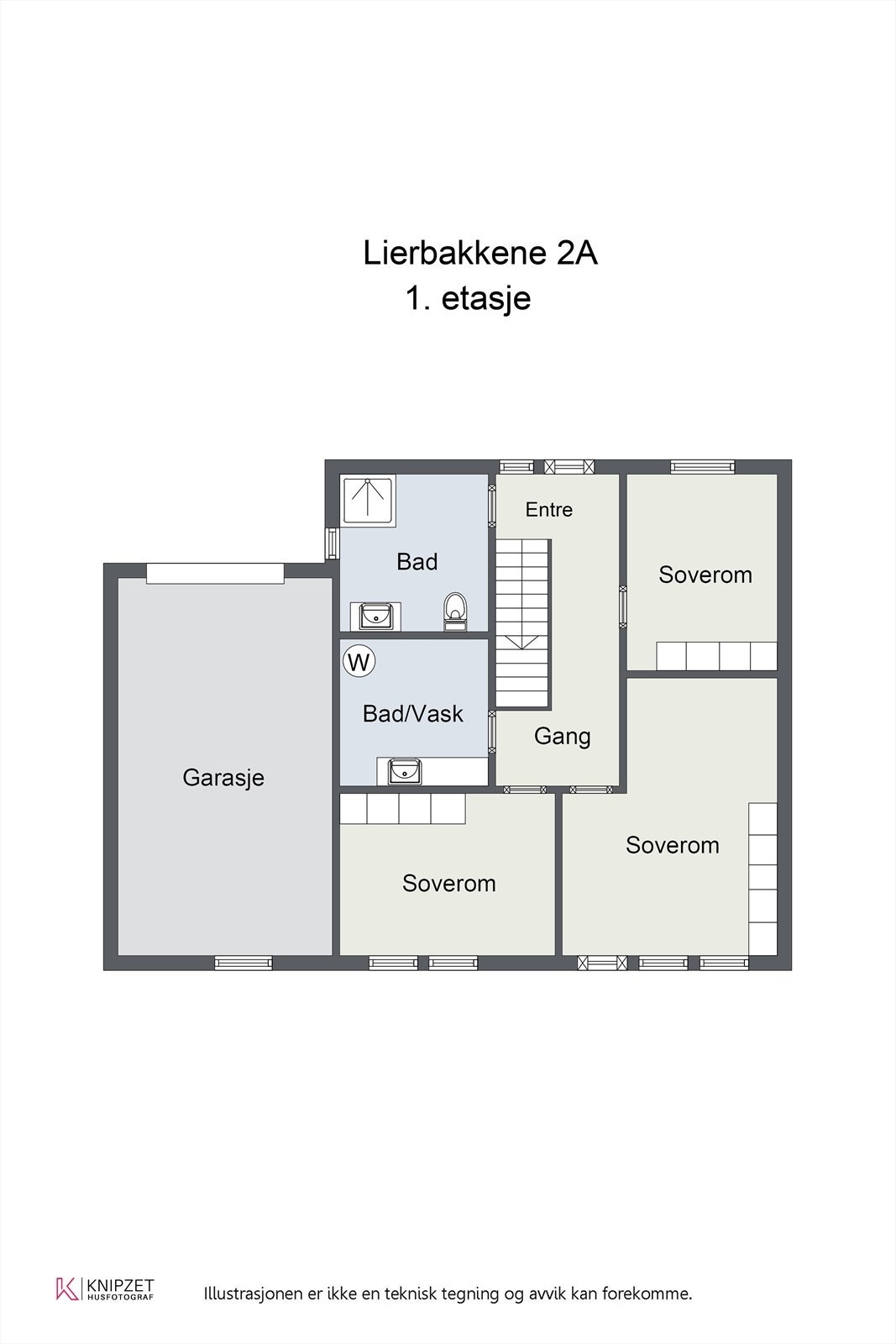 Første etasje inneholder en praktisk soveromsavdeling med tre soverom, bad, vaskerom og hall med trapp. Galleribilde