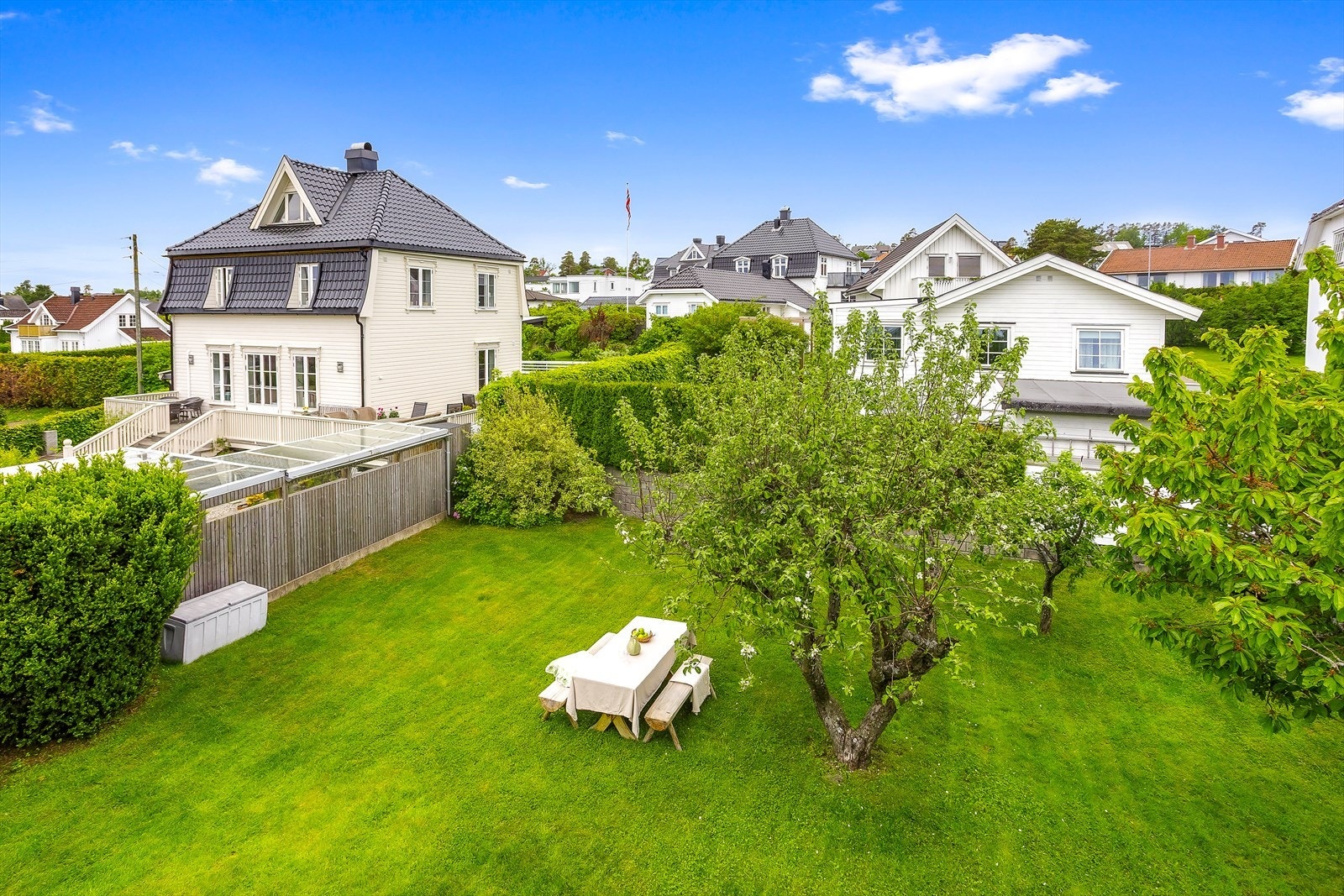 Eiendommen ligger på en flat og dels skrånende tomt med opparbeidet hage. Galleribilde