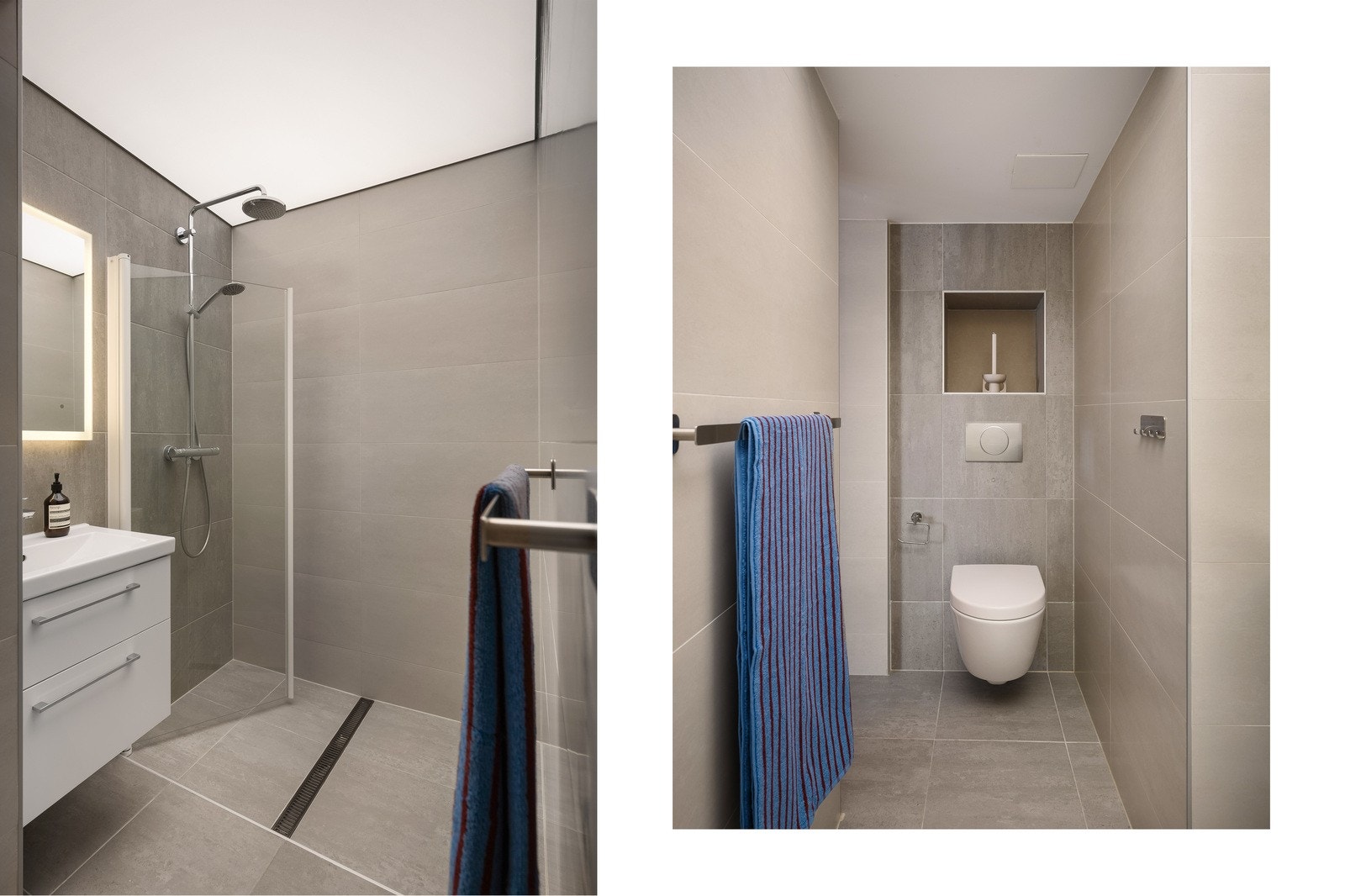 Romslig bad fra 2016 med eksklusivt preg, kledd i elegante storformatfliser som skaper en harmonisk og spa-lignende atmosfære - få den luksuriøse hotellfølelsen i eget hjem! Galleribilde