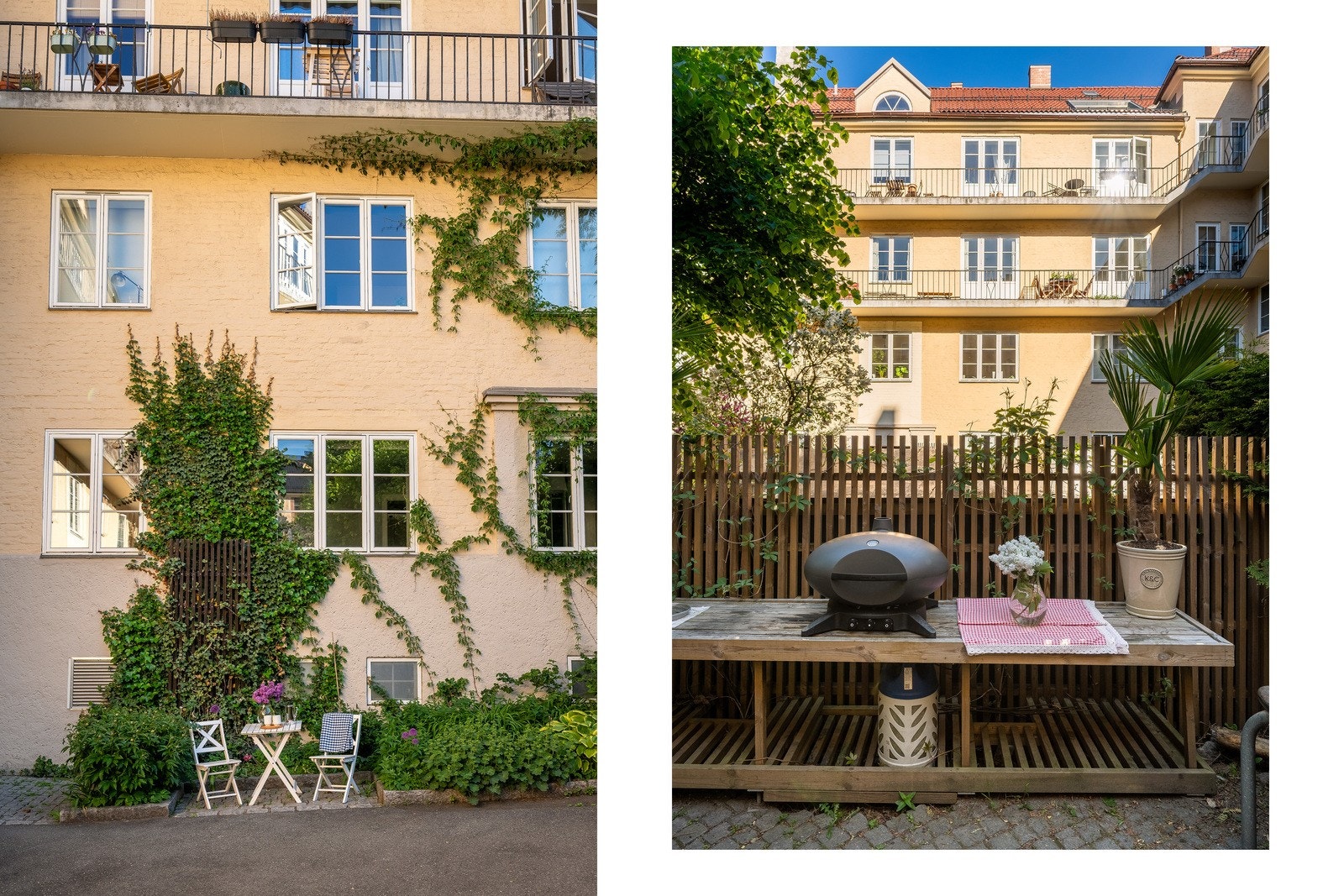 Den lukkede bakgården har flere hyggelige sittegrupper, fin lekeplass for de små, og to felles griller i sommerhalvåret Galleribilde