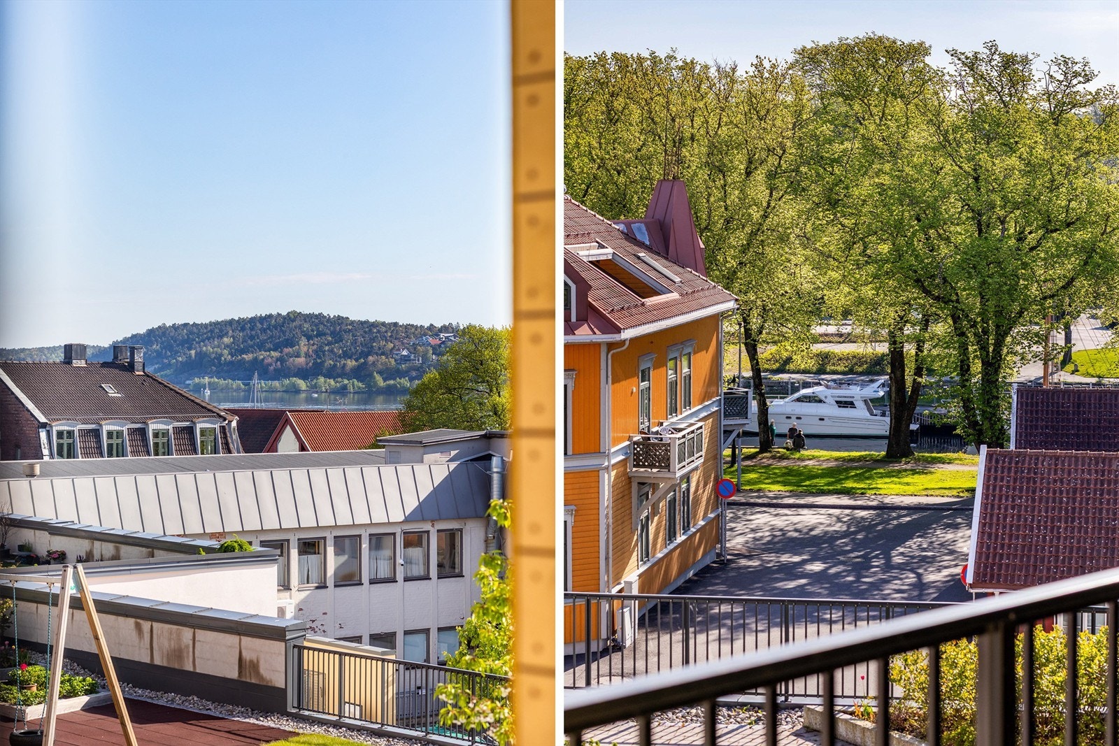Utsikt fra soverom II til Mossesundet og Kanalparken - fremhevet med zoom. Galleribilde