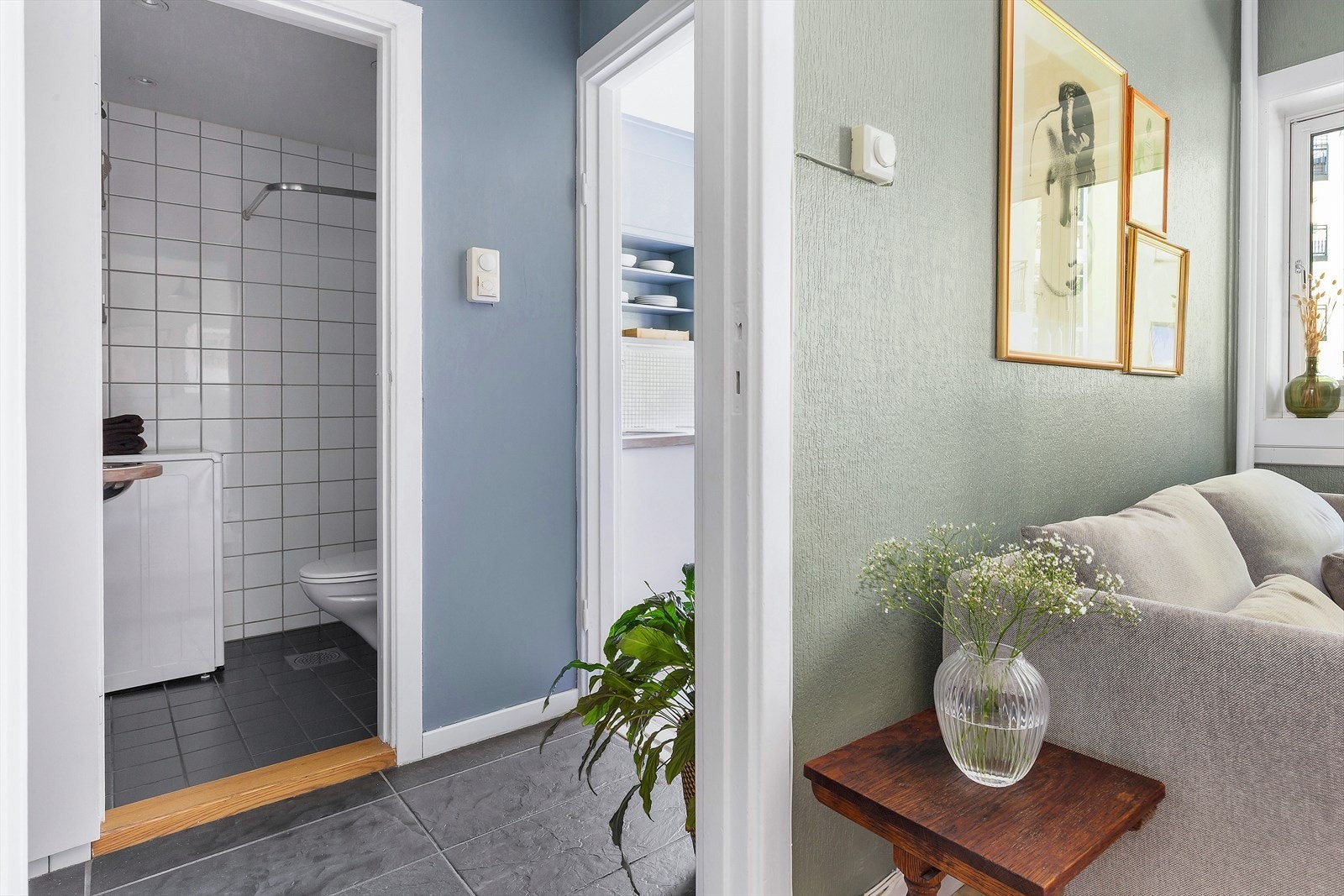 Entré med adkomst til badet og videre forbindelse til boligens oppholdsrom Galleribilde