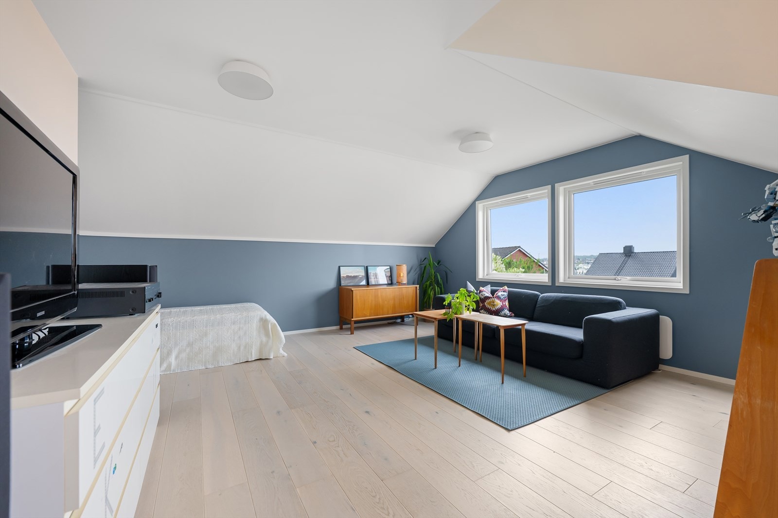 Stuen er romslig og har plass til både sofagruppe og en ekstra soveplass. Galleribilde