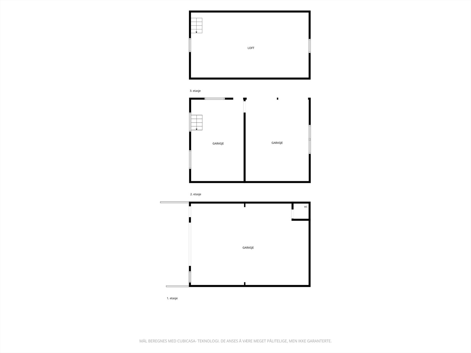 Veiledende skisse av garasjens loft, hovedetasje og kjeller. Galleribilde