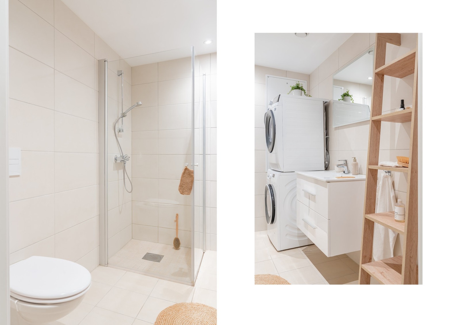 Badet er innredet med heldekkende servant med servantskap, veggmontert
toalett, dusjhjørne med to glassdører, samt opplegg for vaskemaskin. Galleribilde