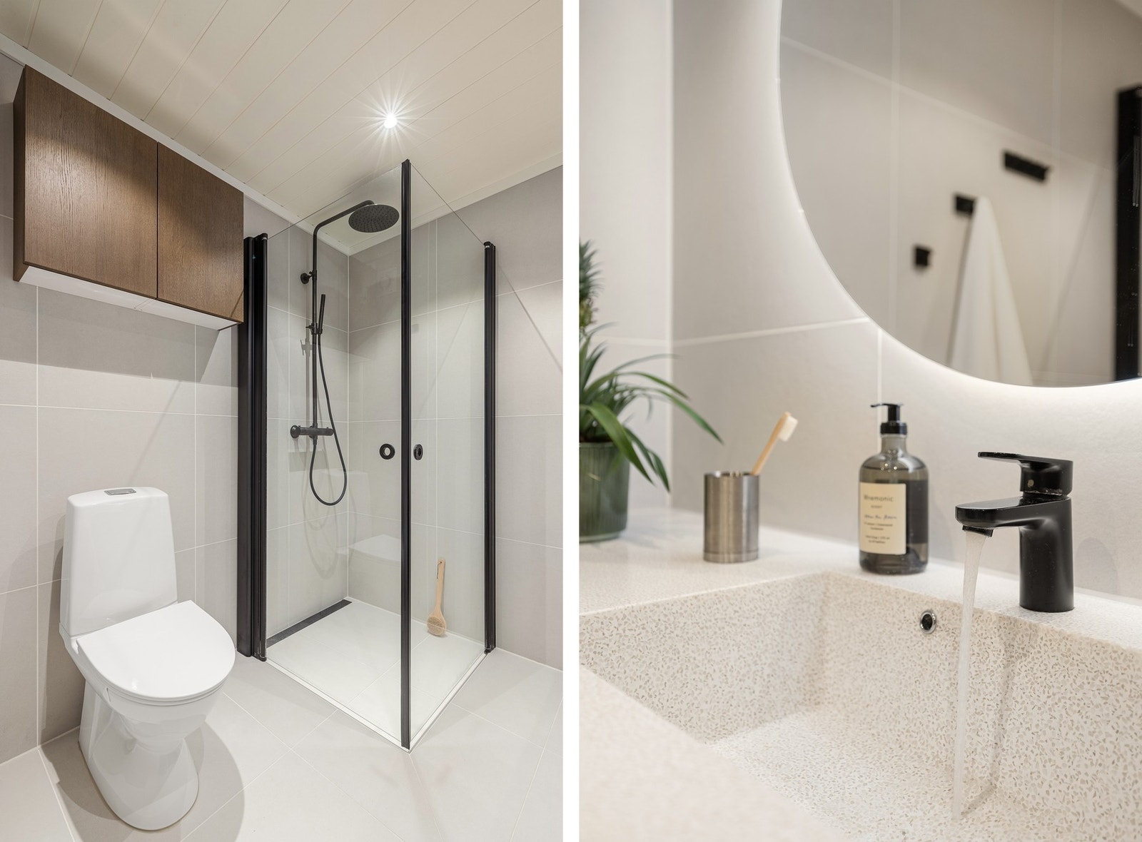 Badet er innredet med baderomsinnredning med nedfelt servant, toalett, dusjhjørnet og opplegg for vaskemaskin. Galleribilde