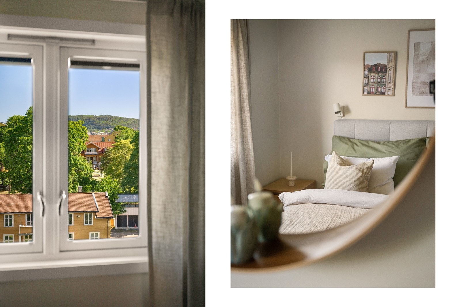 Store vindusflater fyller værelset med dagslys og her våkner man til flott utsikt utover frodige omgivelser Galleribilde