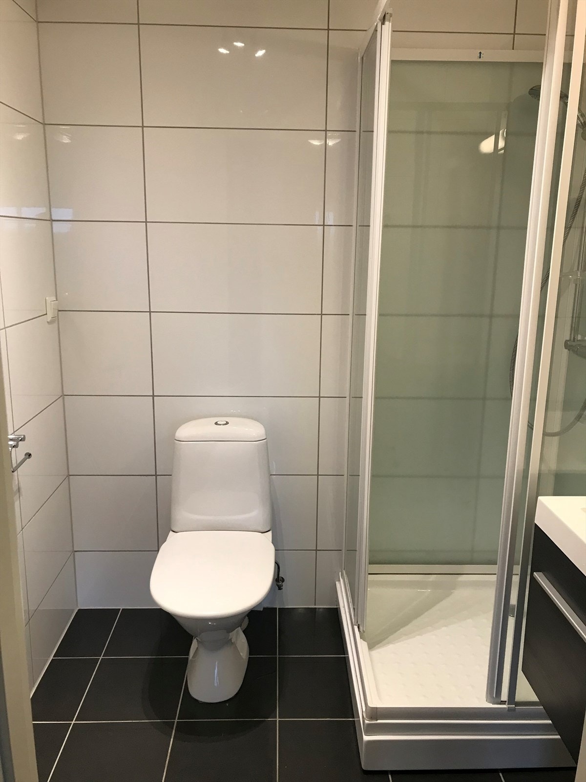 Privat bilde: Badet i underetasjen er flislagt og har dusjkabinett. Galleribilde