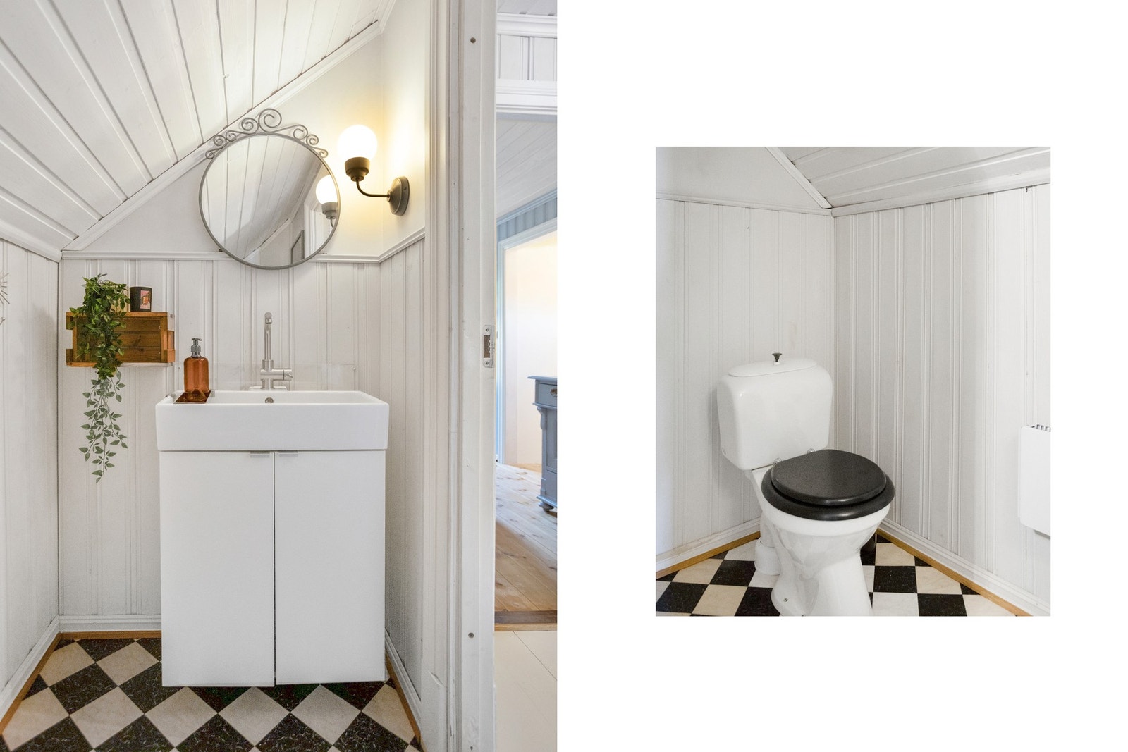 Praktisk toalettrom med gulvbelegg på gulvet, malt panel på veggene og panel i himlingen Galleribilde
