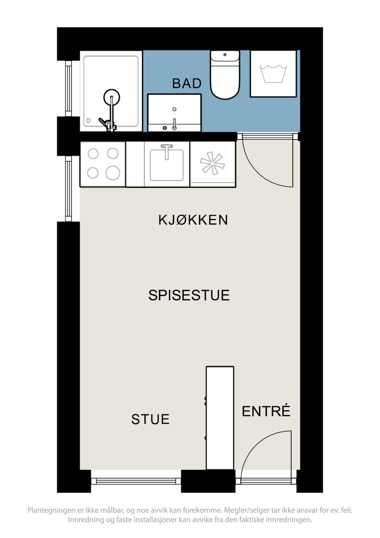 Plantegning av hybel - denne er ikke omsøkt/ikke godkjent for varig opphold eller som egen boenhet. Av plantegningen er det bruken som fremgår, ikke hva rommene er godkjent som. Galleribilde