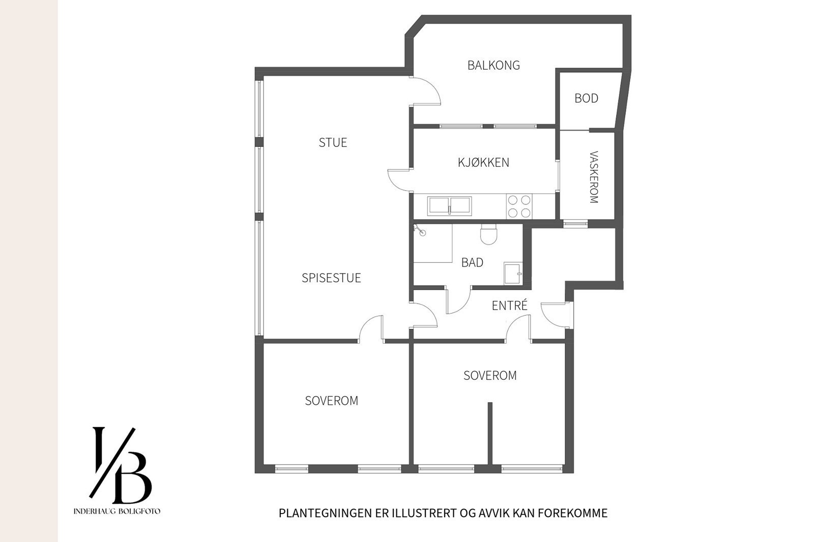 Planløsning over leiligheten. Det ble åpnet opp mellom soverommene i 2009. Dette kan ved behov enkelt tilbakeføres til to separate soverom. Galleribilde