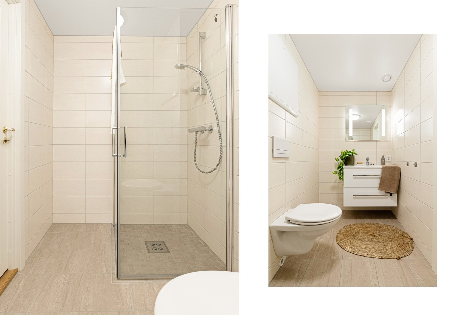 Badet er innredet med vegghengt toalett, dusjhjørne med glassvegger og baderomsmøblement med speil og belysning. Galleribilde