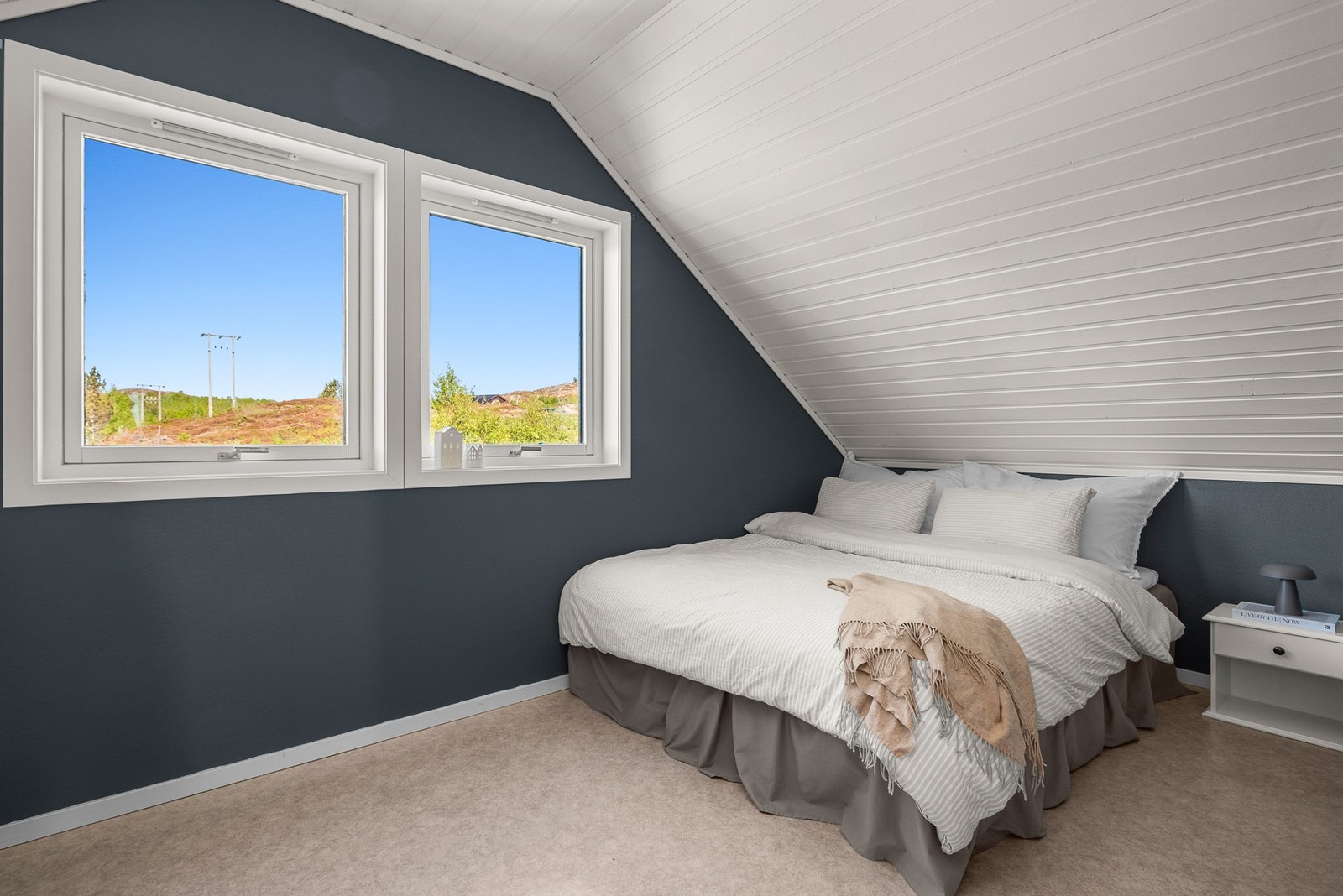 Store vinduer slipper inn godt med dagslys og rammer inn en fin utsikt mot åsen utenfor. Galleribilde