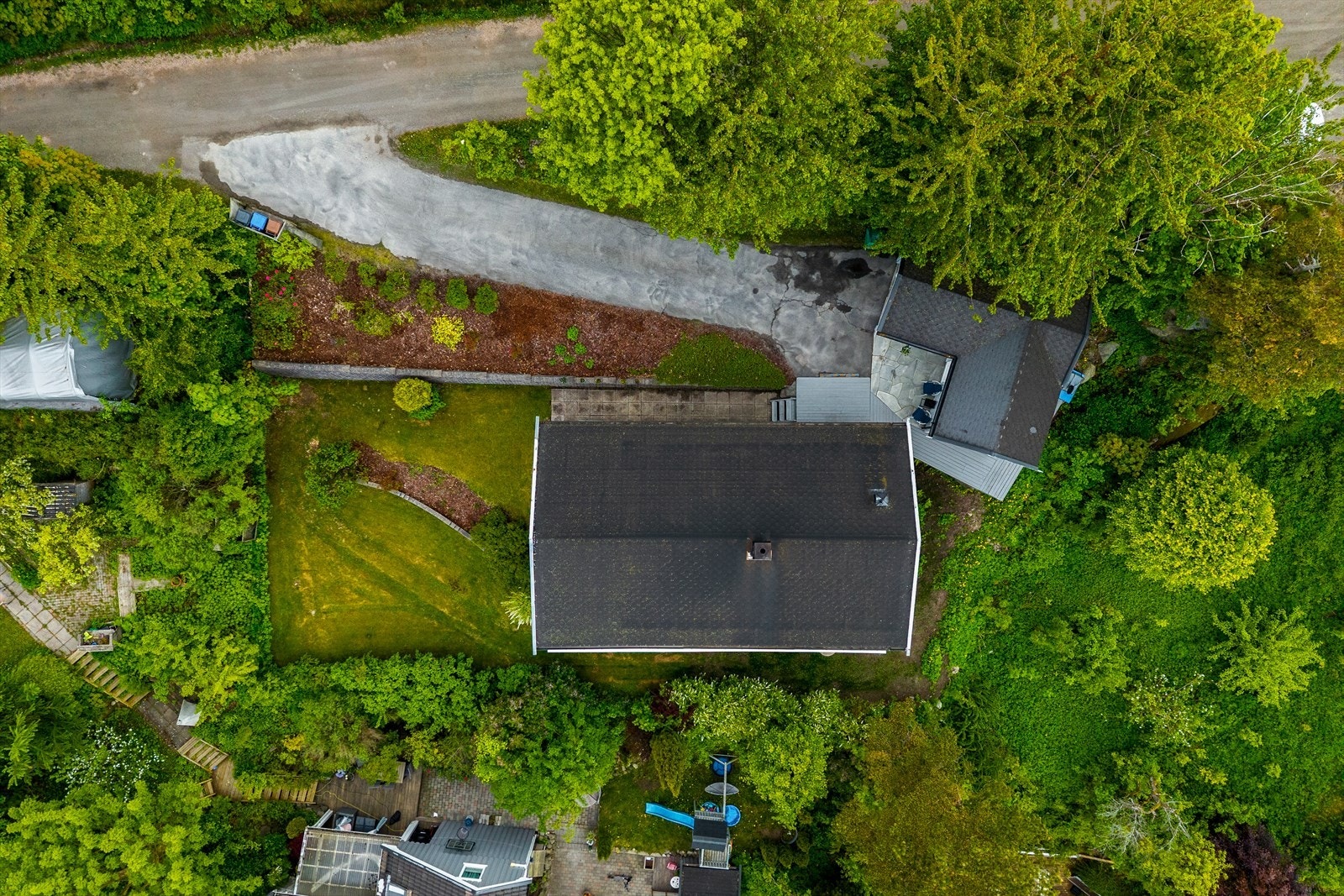 Eiendommen sett ovenfra, med bolighus, garasje og hage. Galleribilde