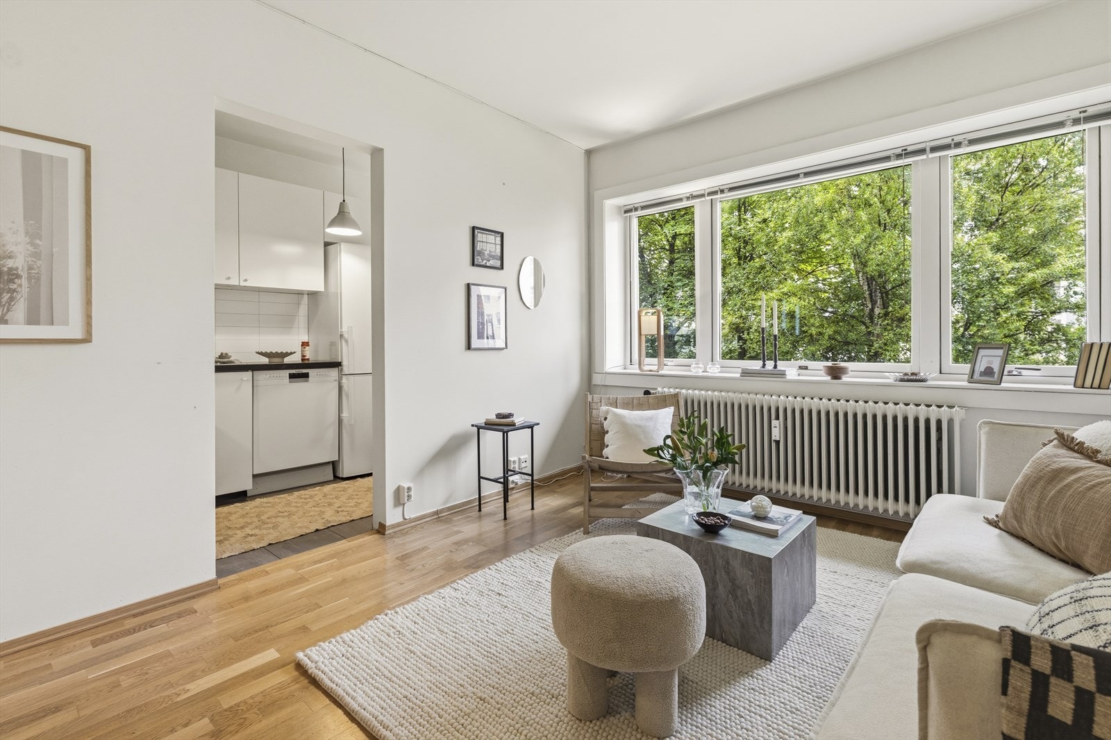 I stuen er det plass til sofagruppe med tilhørende møblement. Boligen er godt tilpasset sosialt liv. Galleribilde