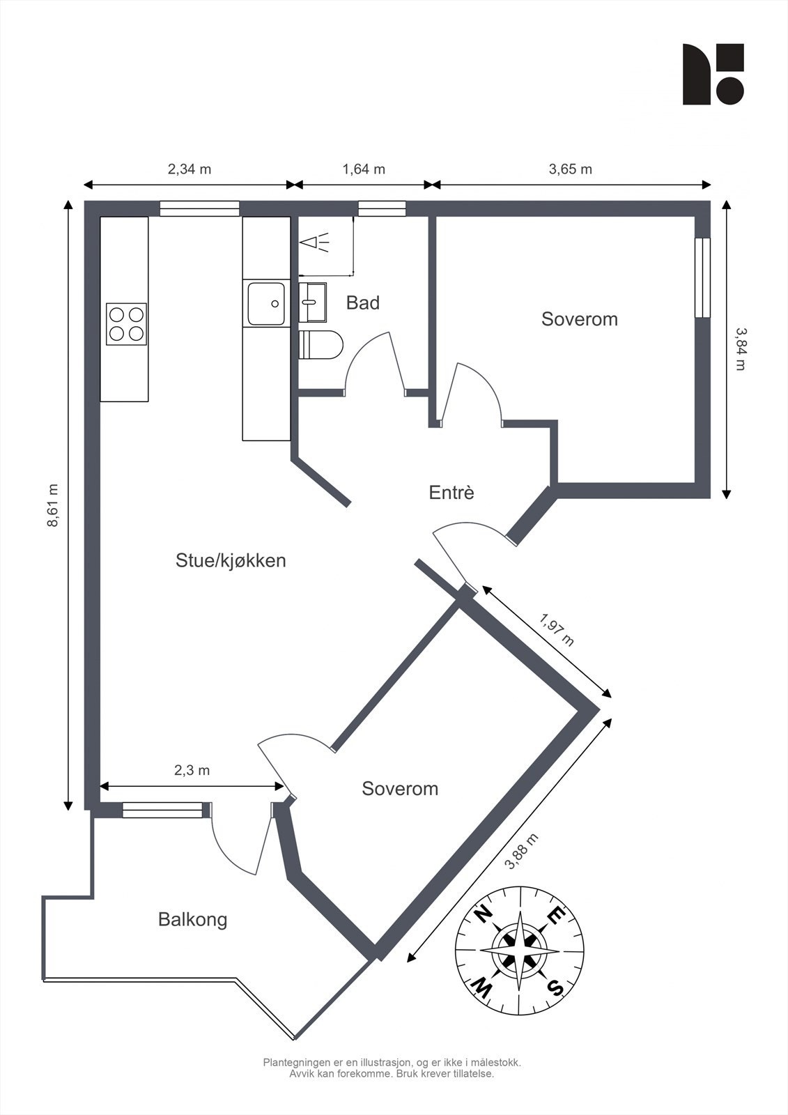 Plantegning. I tillegg disponerer leiligheten to kjellerboder på ca. 4 kvm hver. Galleribilde