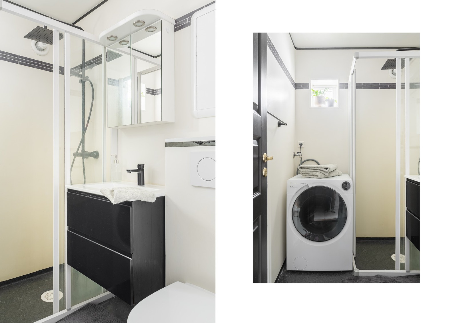 Badet er innredet med vegghengt toalett, dusjhjørne og baderomsmøblement med speil og belysning. Det er også opplegg for vaskemaskin. Galleribilde
