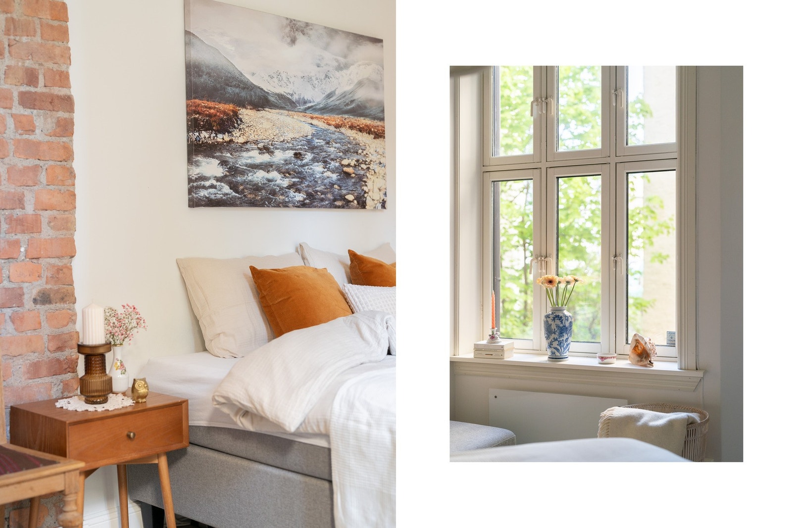 Kombinasjonen av lyse vegger og eksponert tegl gir hovedsoverommet et moderne bygårdspreg. Galleribilde
