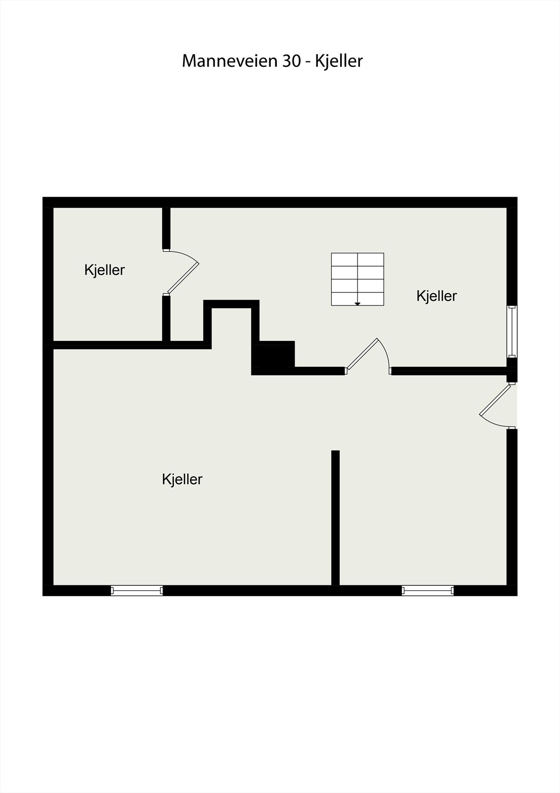 Plantegning for kjelleren, som byr på rikelig med lagringsplass i flere boder. Galleribilde