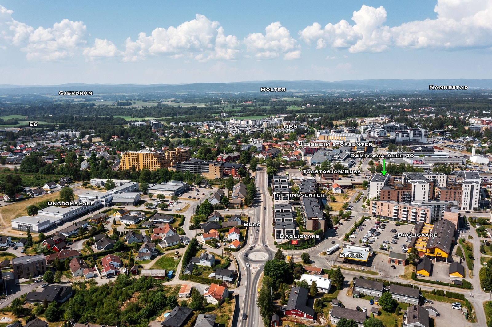 Dagligvarehandelen kan gjøres ved bl.a. Coop Extra Saga Senter (2 min gange), Kiwi Gystad (8 min gange) og Rema 1000 Jessheim storsenter (8 min gange). Galleribilde