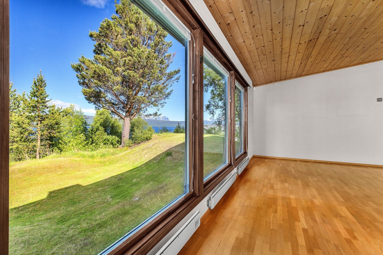 De store vinduene rammer inn utsikten mot hagen og fjorden. Galleribilde