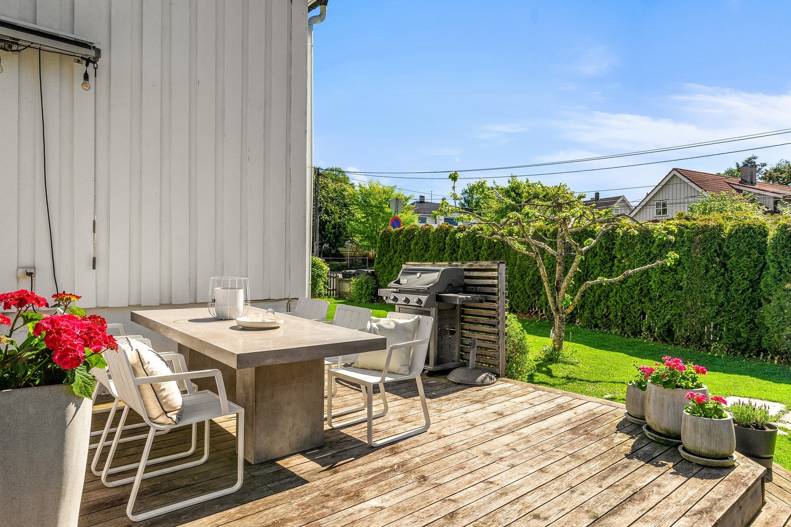 Terrasse med spiseplass, grill og hyggelig hageutsyn, her står det epletre! Galleribilde