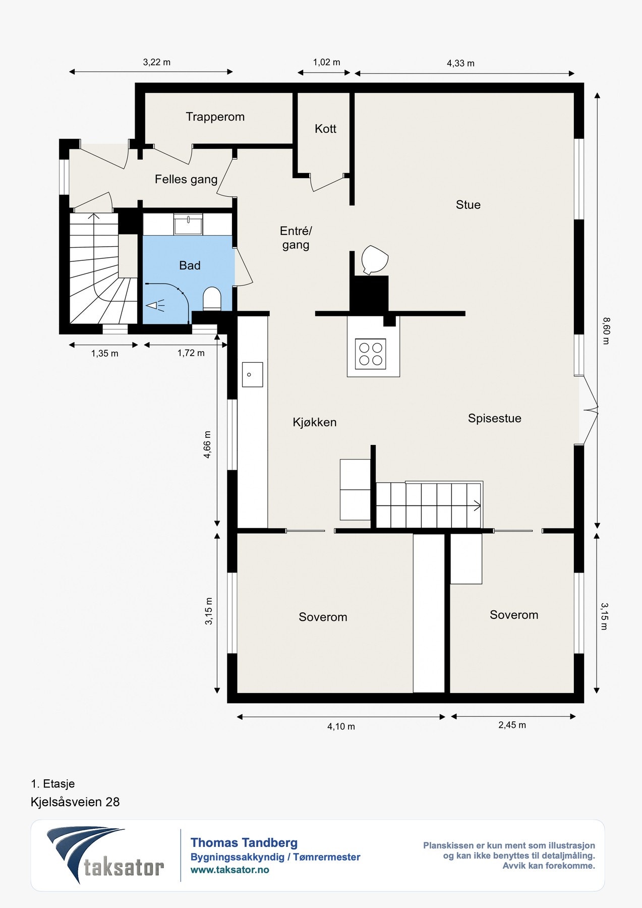 1.ETASJE: Entré/gang, kjøkken, baderom, stue, kott og 2 soverom. Galleribilde