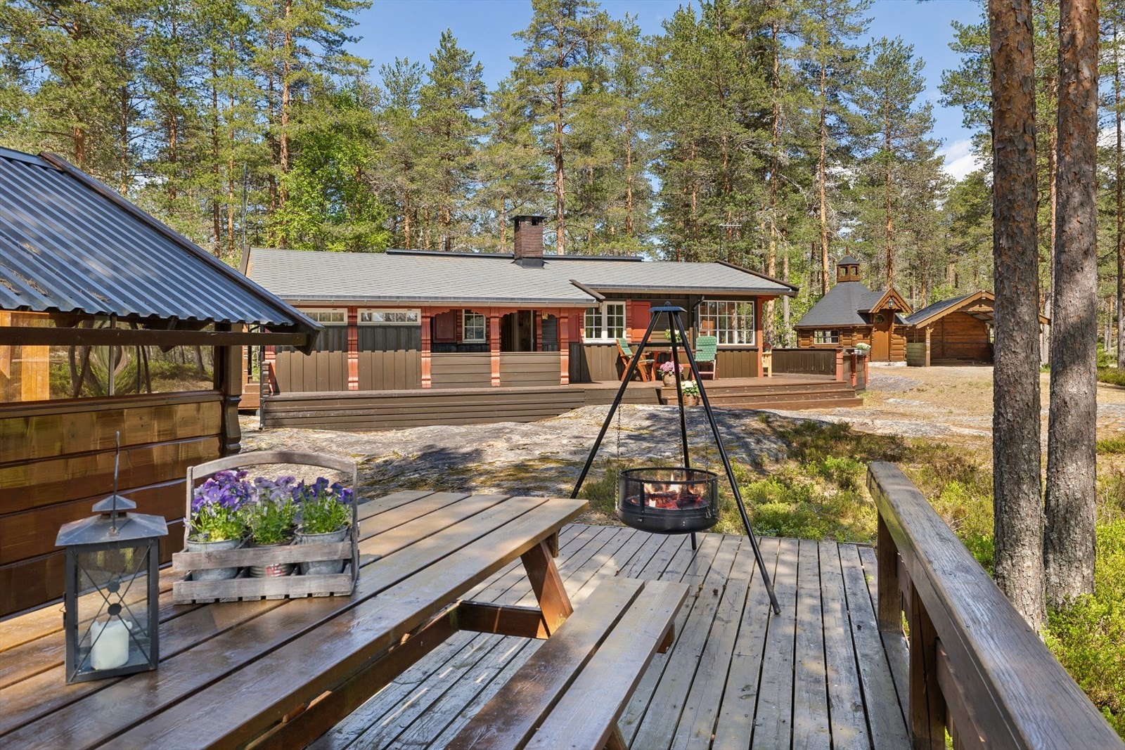 Tomten er omgitt av naturlig vegetasjon, furuskog og fjellgrunn. Galleribilde