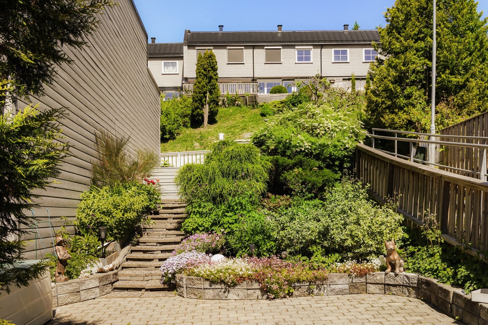 En stor fordel med enderekkehuset er at uteplassen strekker seg rundt boligen slik at solforholdene kan maksimeres. Her er det gode muligheter å møblere i ulike soner. Galleribilde