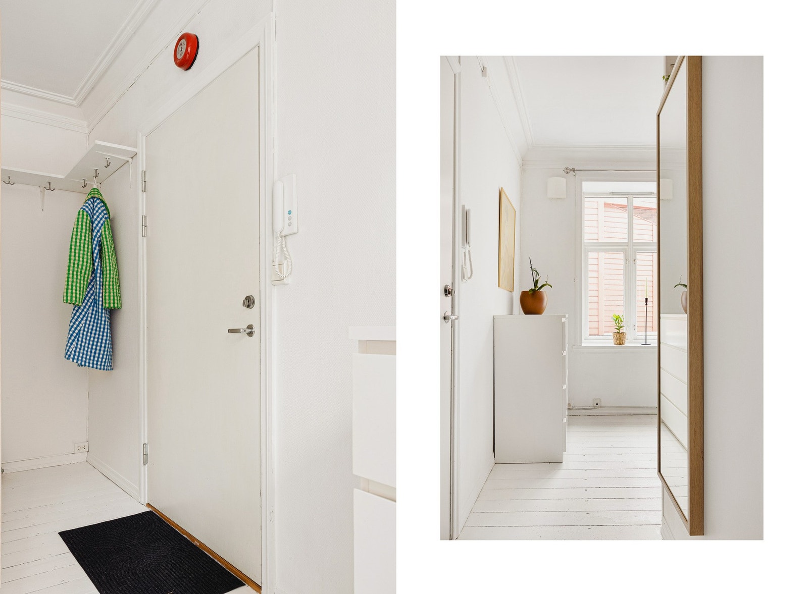 Velkommen inn! I entréen er det god plass til å ta seg av sko og yttertøy. Det er 1-stavs tregulv, noe som er gjennomgående i boligen. Galleribilde