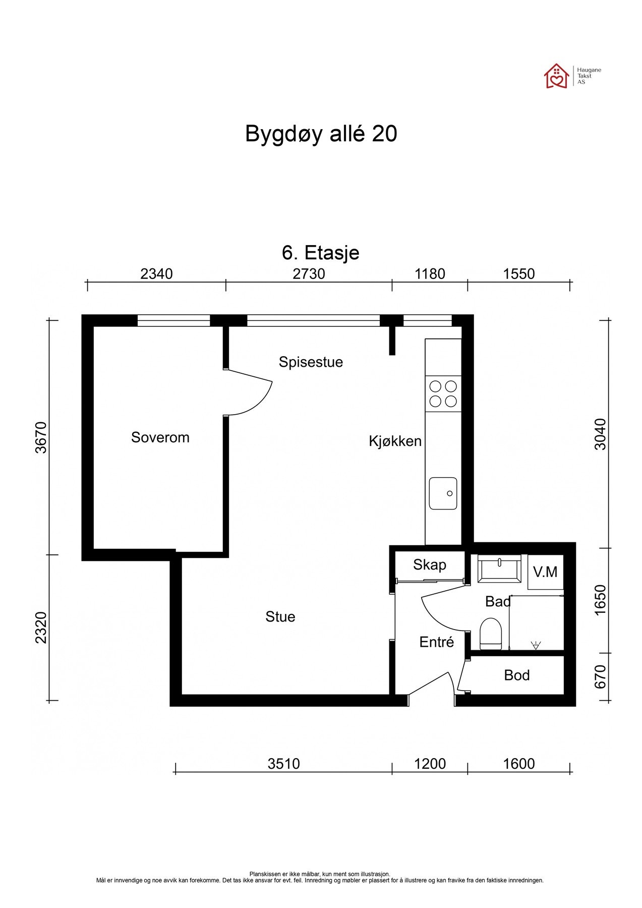 Planskisse 6.etg BRA-i: 30 kvm bestående av entré med skyvedørsgarderobe og praktisk kott, åpen kjøkken- og stueløsning, luftig soverom og baderom. Leiligheten disponerer en bod. Galleribilde