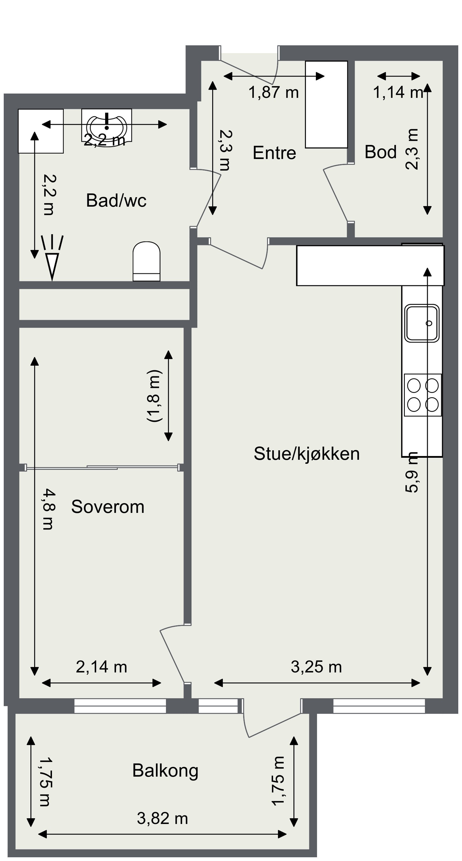Innhold: Entré, bad/wc, bod, soverom og stue/kjøkken. Galleribilde