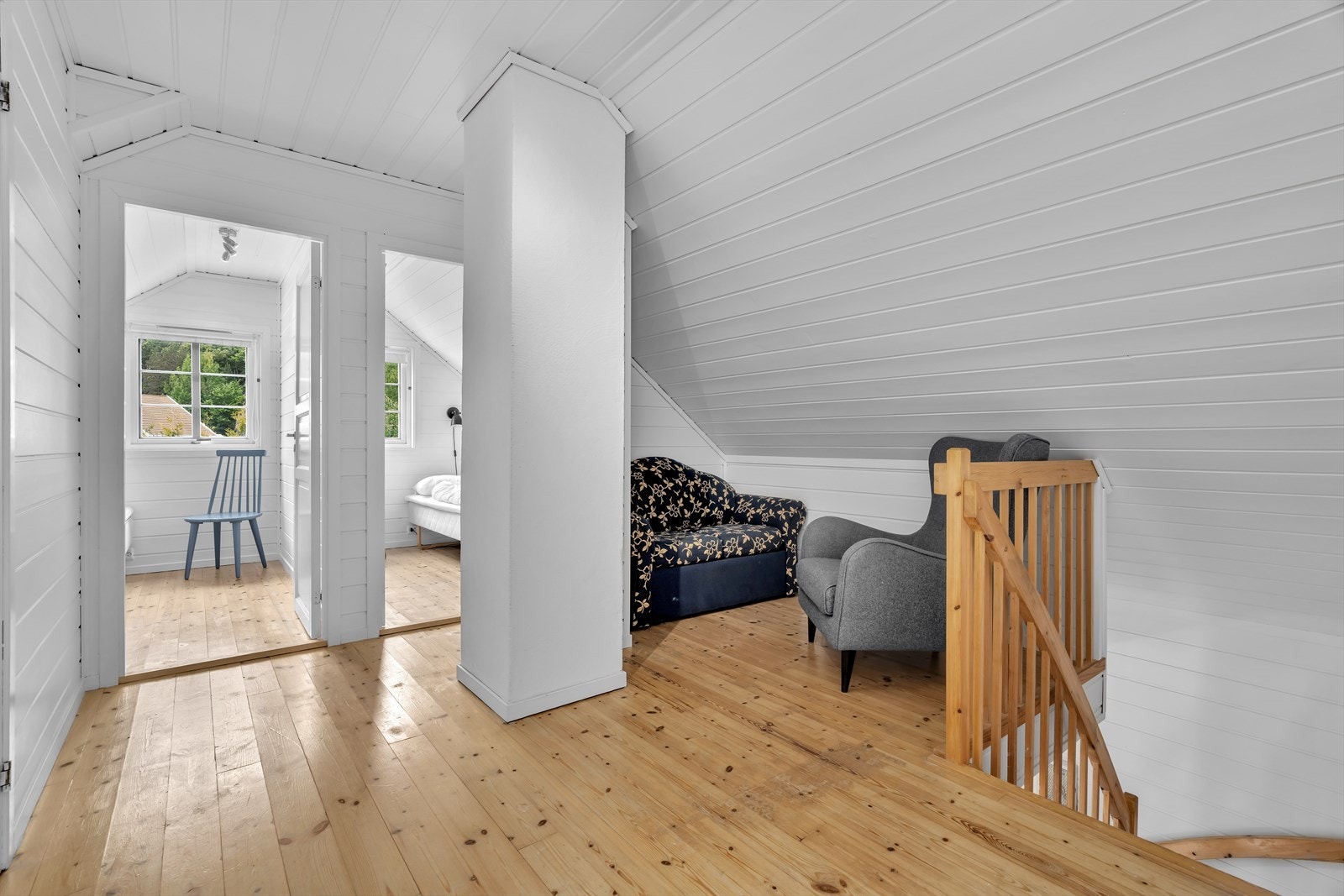 Gangen på loftet har furugulv og forbinder etasjens rom. Galleribilde
