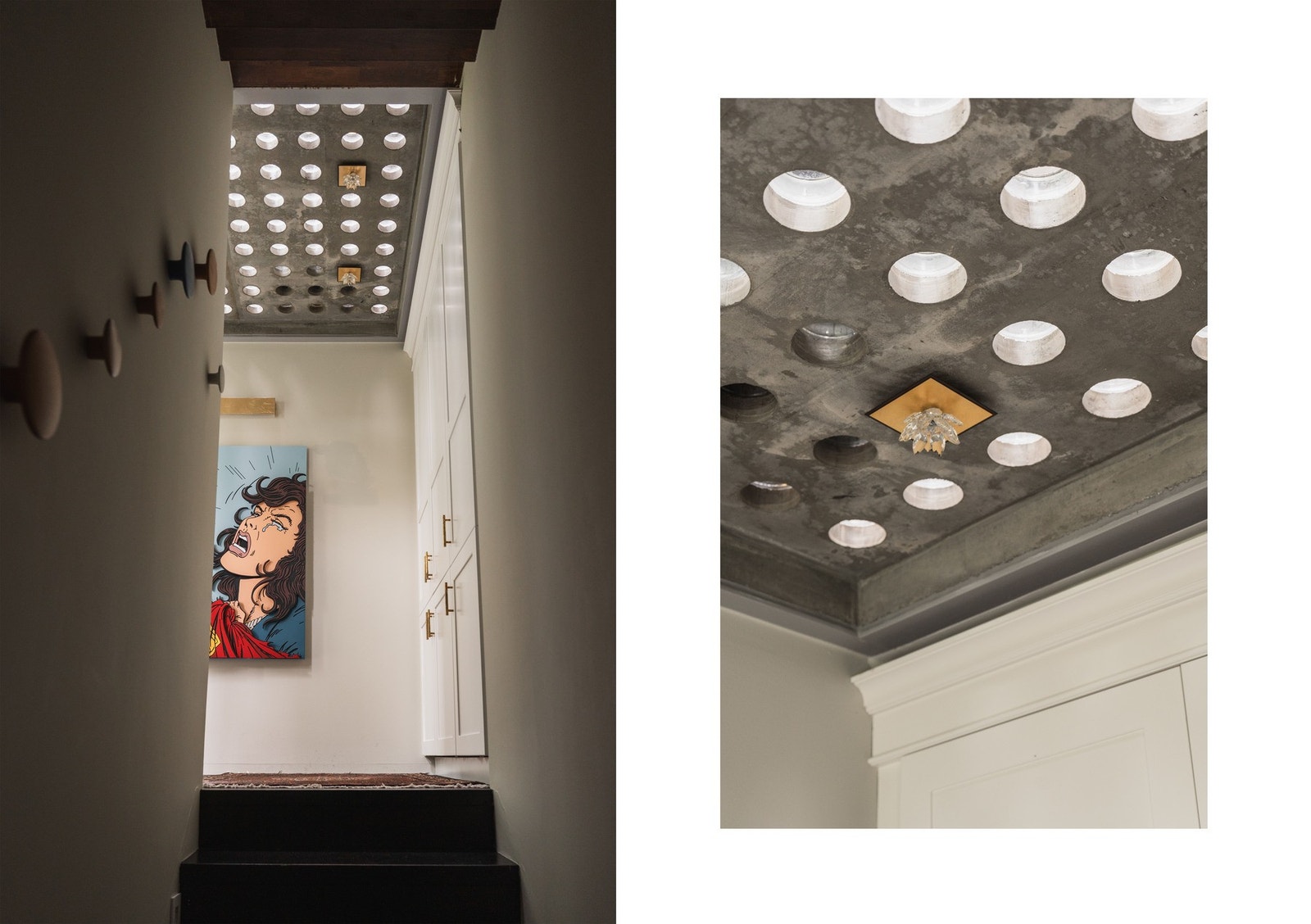 Gjennom samspillet mellom mørke tregulv, eksponert betong, glass, spesialtilpassede detaljer og rikelig lysinnslipp, skapes en spennende vandring gjennom boligen. Galleribilde