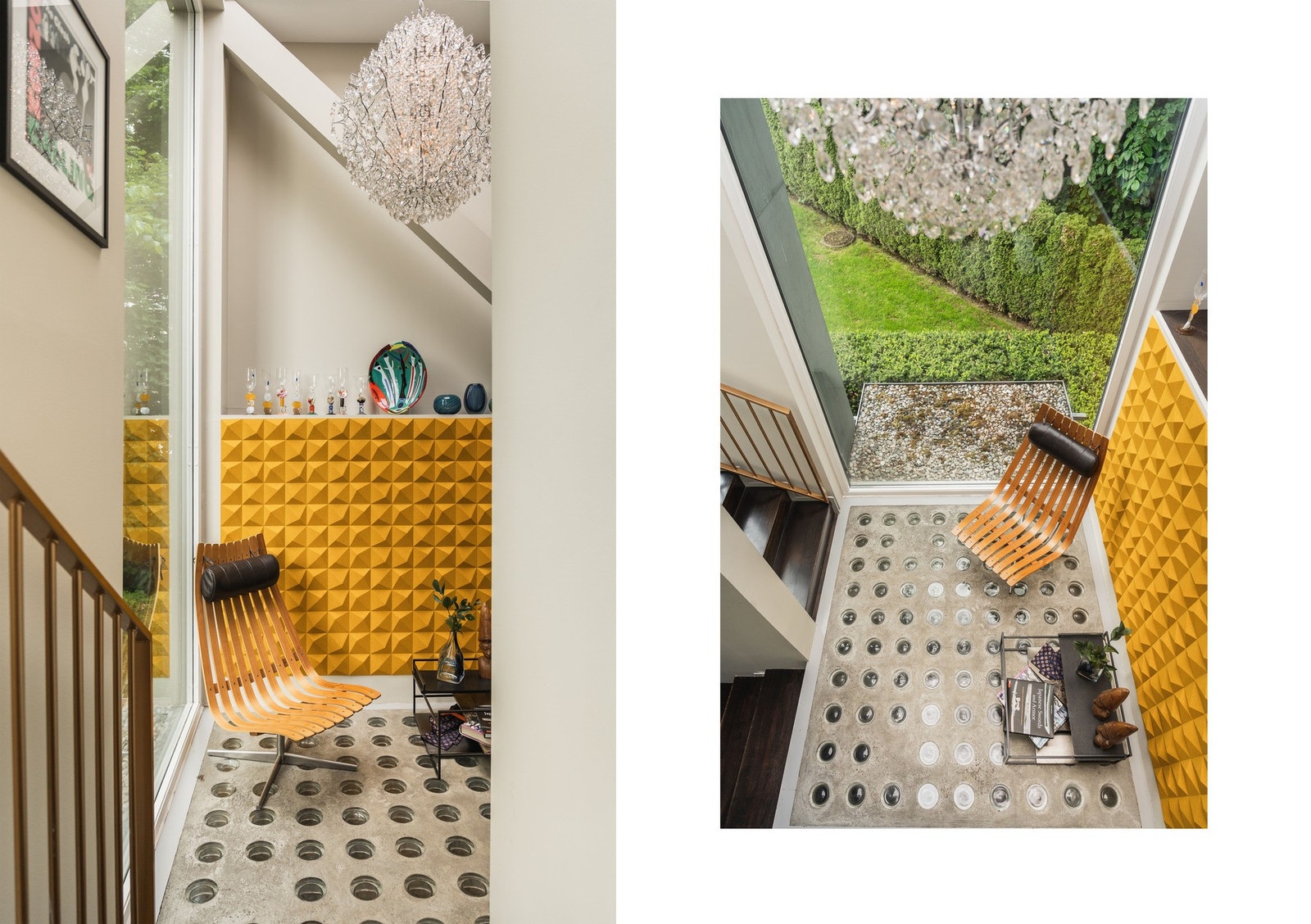 Det støpte gulvet med glassfelt ved inngangen tilfører hjemmet et arkitektonisk særpreg. Galleribilde