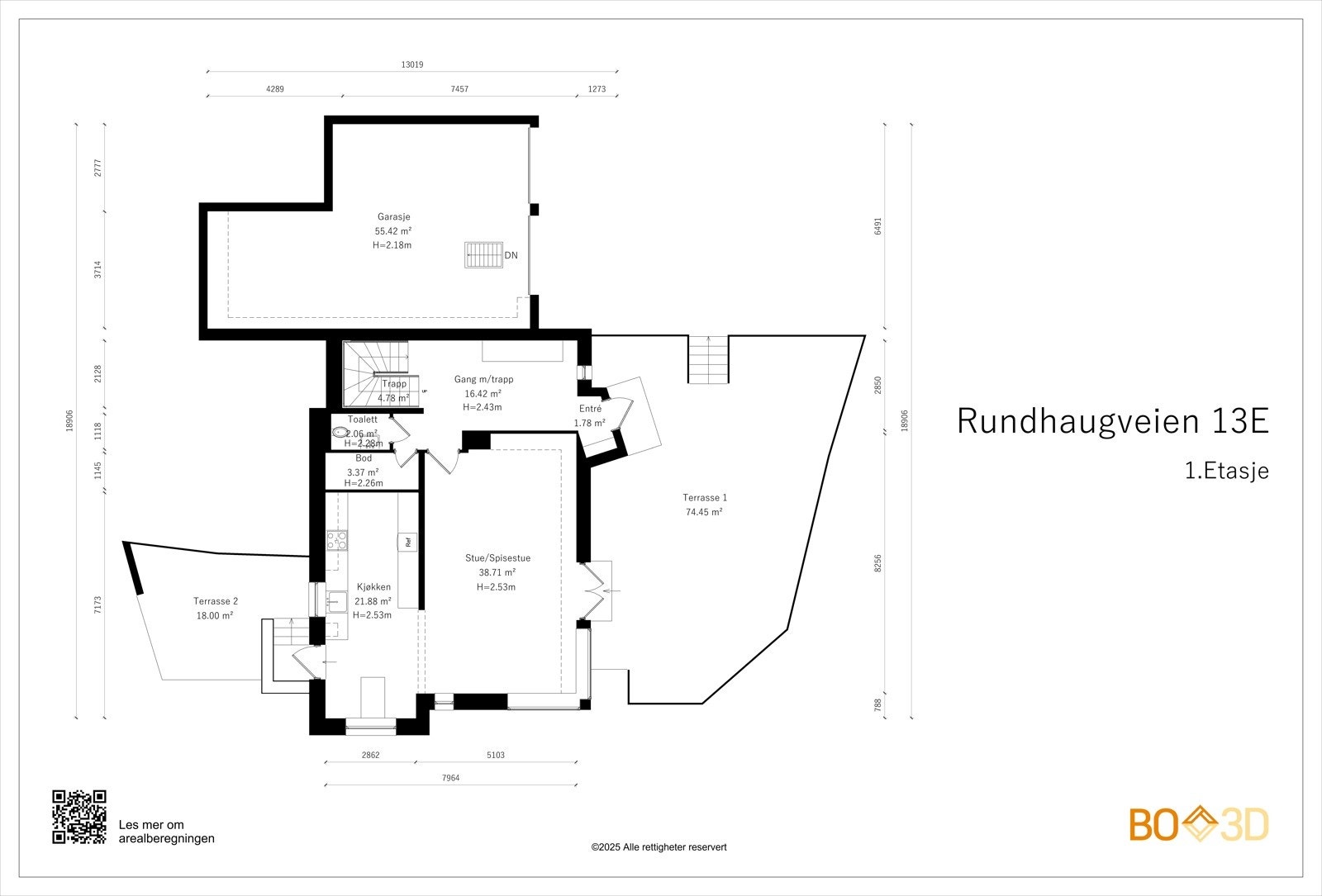Planskisse. 1.etasje er 93 kvm og har luftig takhøyde på 2,53 meter. Etasjen består av entré/hall, stue med utgang til terrasse, kjøkken med utgang til terrasse, gjeste-wc og bod Galleribilde