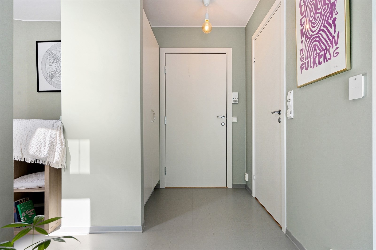 Åpen og innbydende entré med god plass til yttertøy og sko i praktisk garderobeskap. Callinganlegg med døråpner. Galleribilde