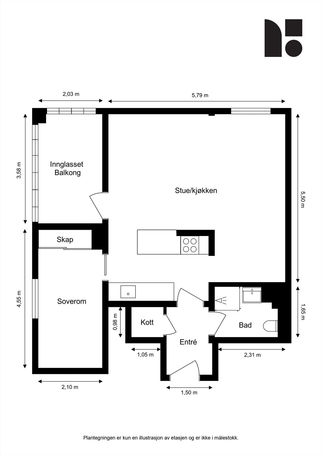 Plantegning. I tillegg disponerer leiligheten en kjellerbod på ca. 4 kvm. Galleribilde