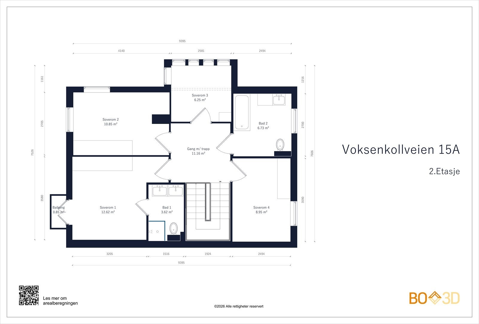 2. etasje: BRA-I 63 m². Gang/trapperom, to bad, fire soverom. Galleribilde