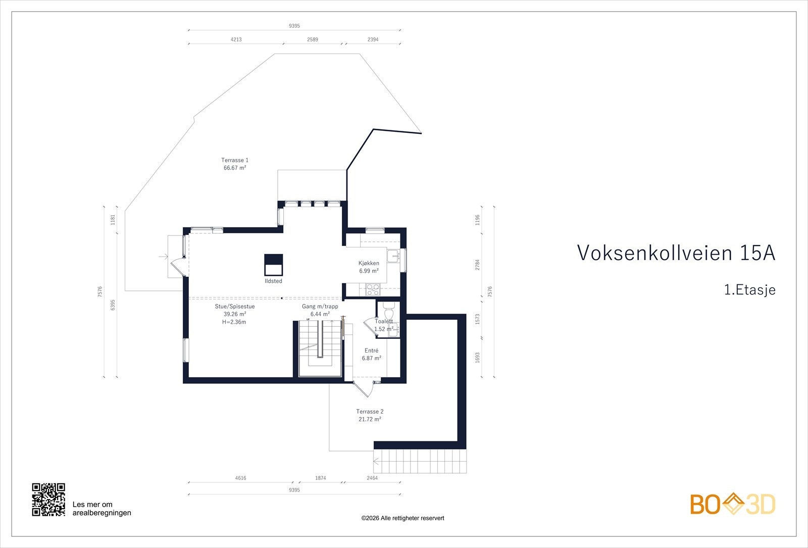 1. etasje: BRA-I 64 m². Entré/hall (hovedinngang), toalettrom, kjøkken, stue, trapperom. Galleribilde