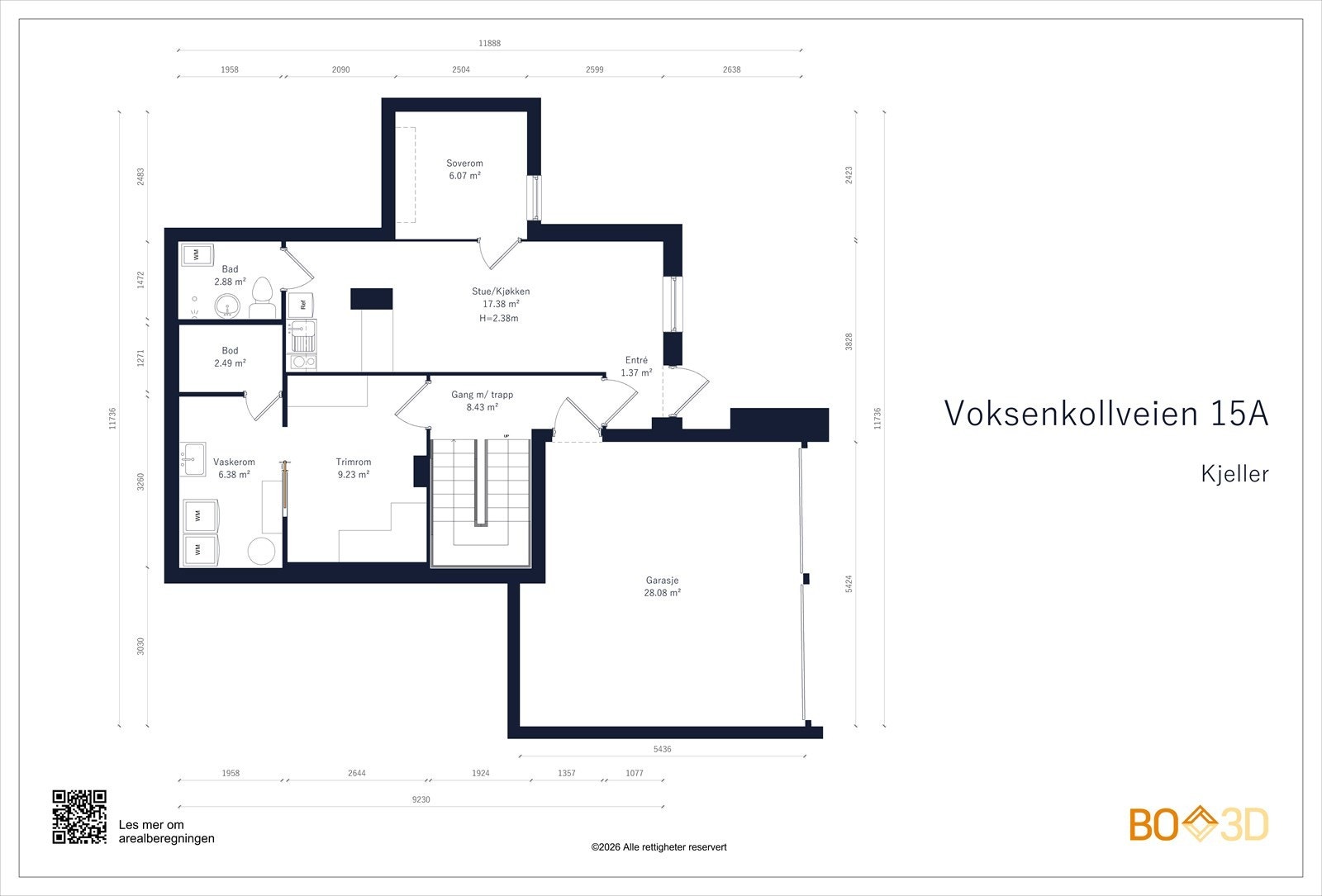 Kjeller: BRA-I 86 m². Gang, trapperom, to boder, vaskerom, garasje. Hybel med stue/kjøkken, soverom og bad. Galleribilde