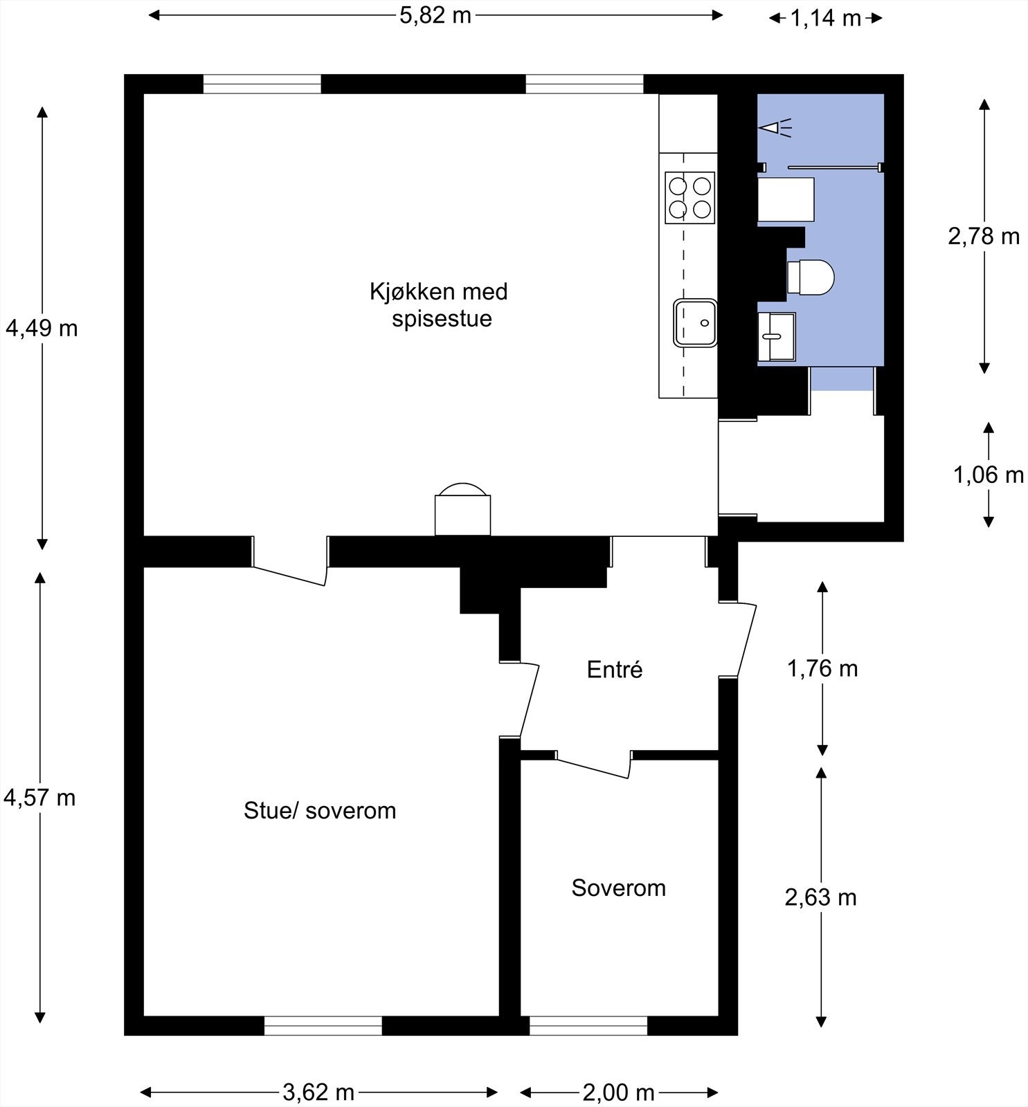 Leiligheten ligger i 4. etasje og inneholder entré, soverom, stue/soverom, gang, bad og kjøkken/stue. I tillegg disponerer leiligheten en loftsbod, en kjellerbod og en bod i trappegang. Galleribilde