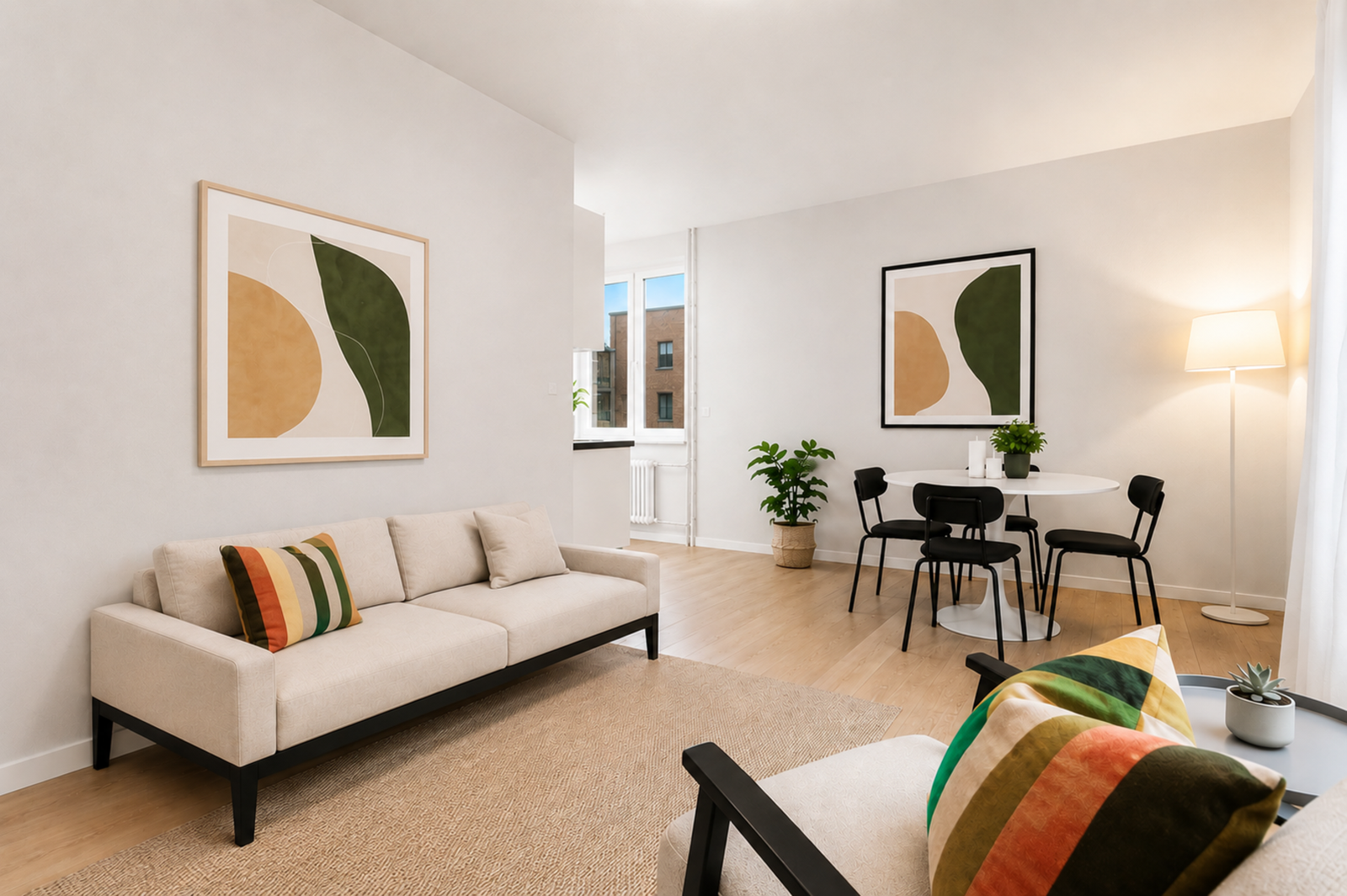 Romslig stue med god plass til både sofagruppe og spisebord. Galleribilde
