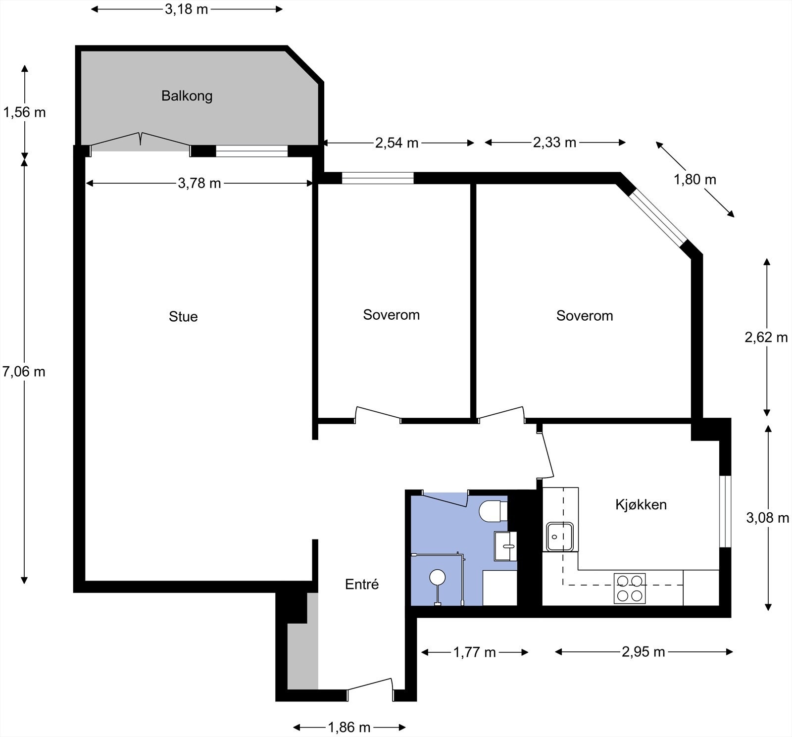 Plantegning fra takstmann. Leiligheten har en svært god planløsning med entré, stue, kjøkken, to soverom og bad. To kjellerboder for lagring. Galleribilde