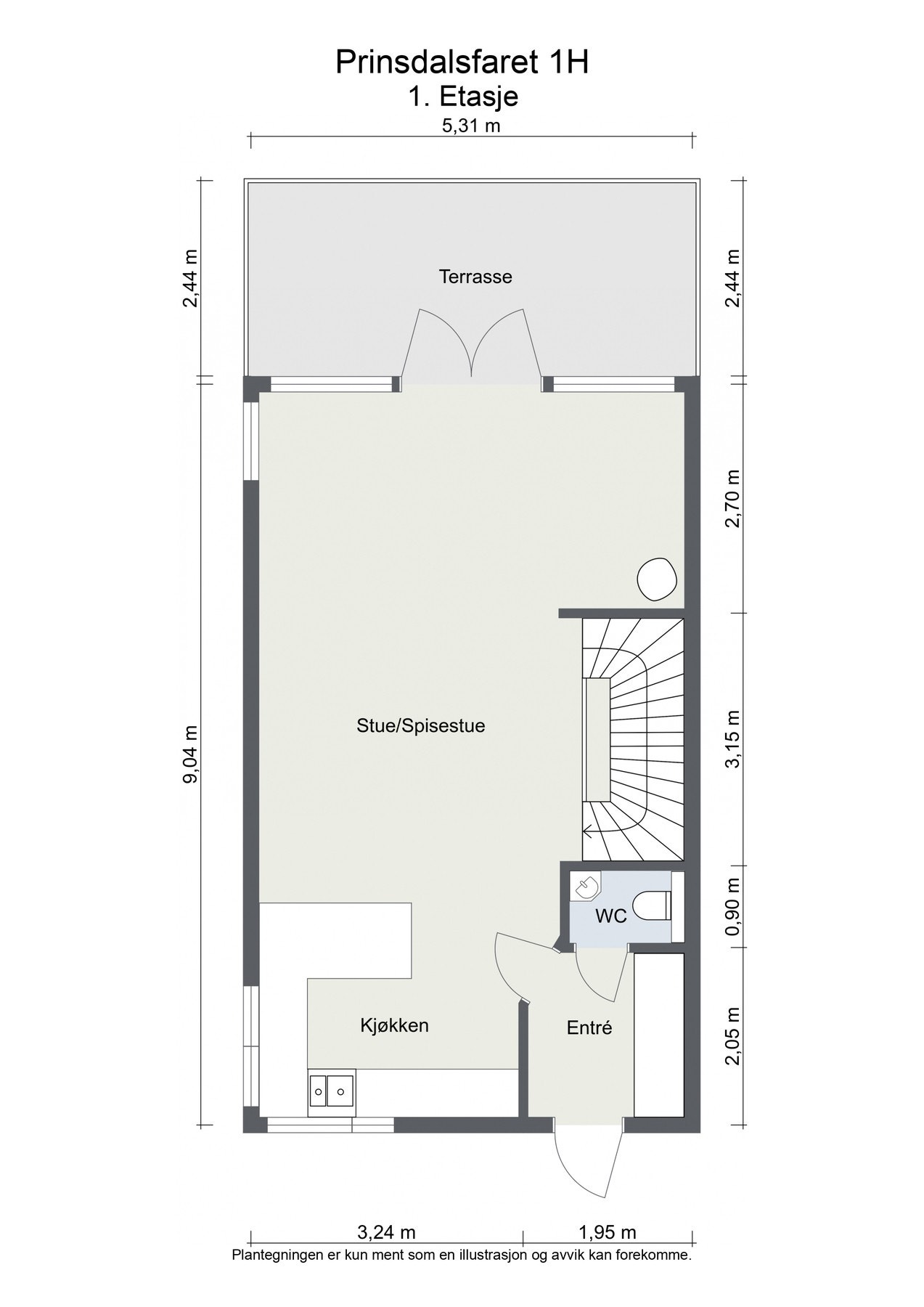1. etasje (48 m² BRA-i): Entré, separat wc. Stue/kjøkken med utgang til terrasse og hage Galleribilde