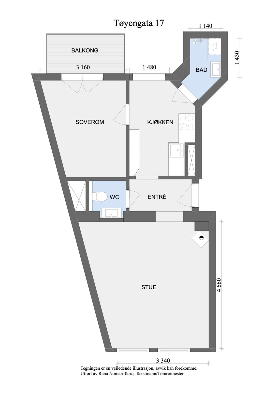 Planskisse. Leiligheten disponerer bod på loft med skråtak på ca. 2 kvm (gulvareal på ca. 3 kvm), merket "2", samt bod i kjeller med gulvareal på ca. 6 kvm. Galleribilde