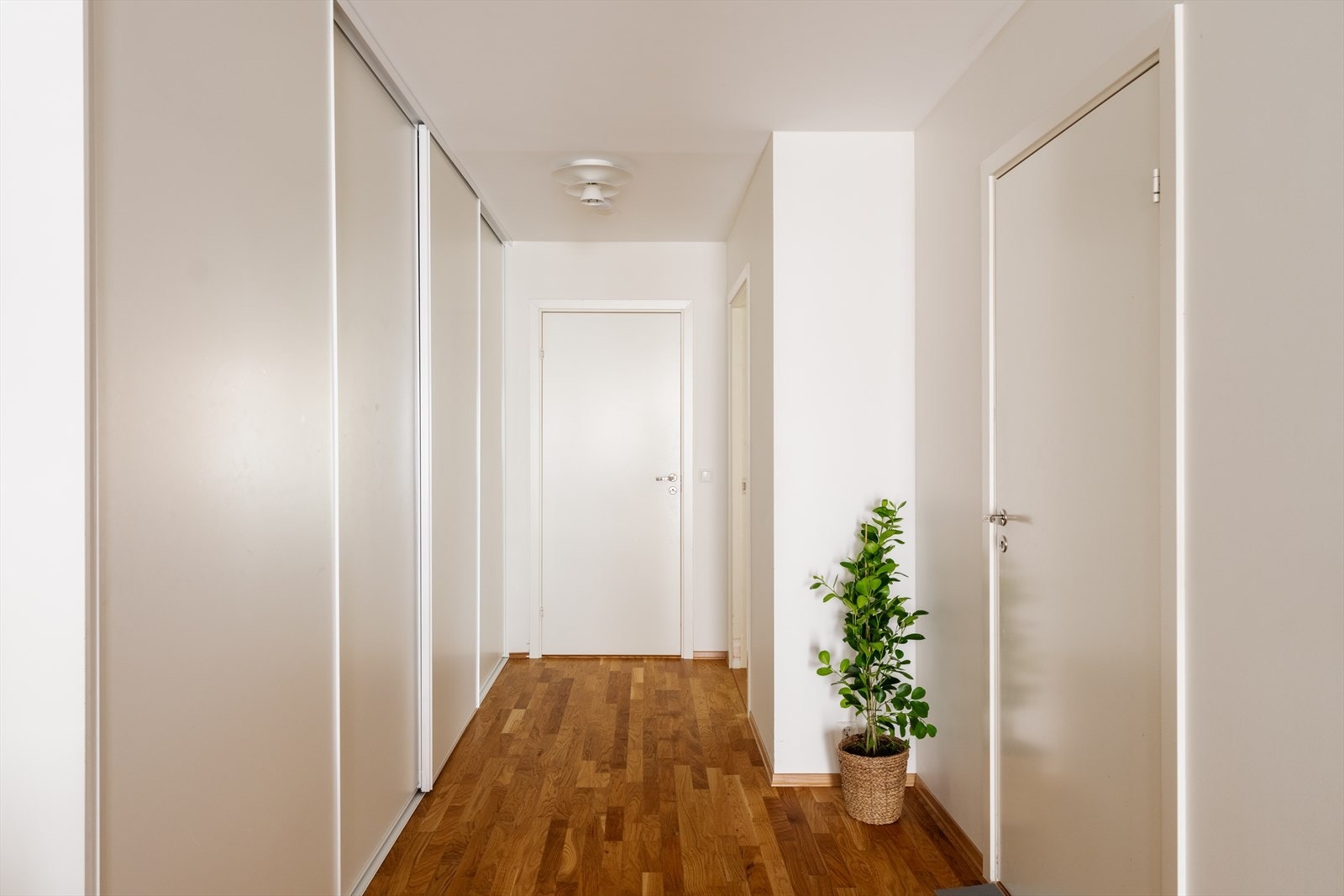 Romslig mellomgang som er smart utnyttet med stor skyvedørsgarderobe. Skapet er svært smart innredet med kontorløsning, skuff med strykebrett-løsning, hyller, opplegg/plass til fryser og ellers god plass til oppbevaring av ymse. Galleribilde