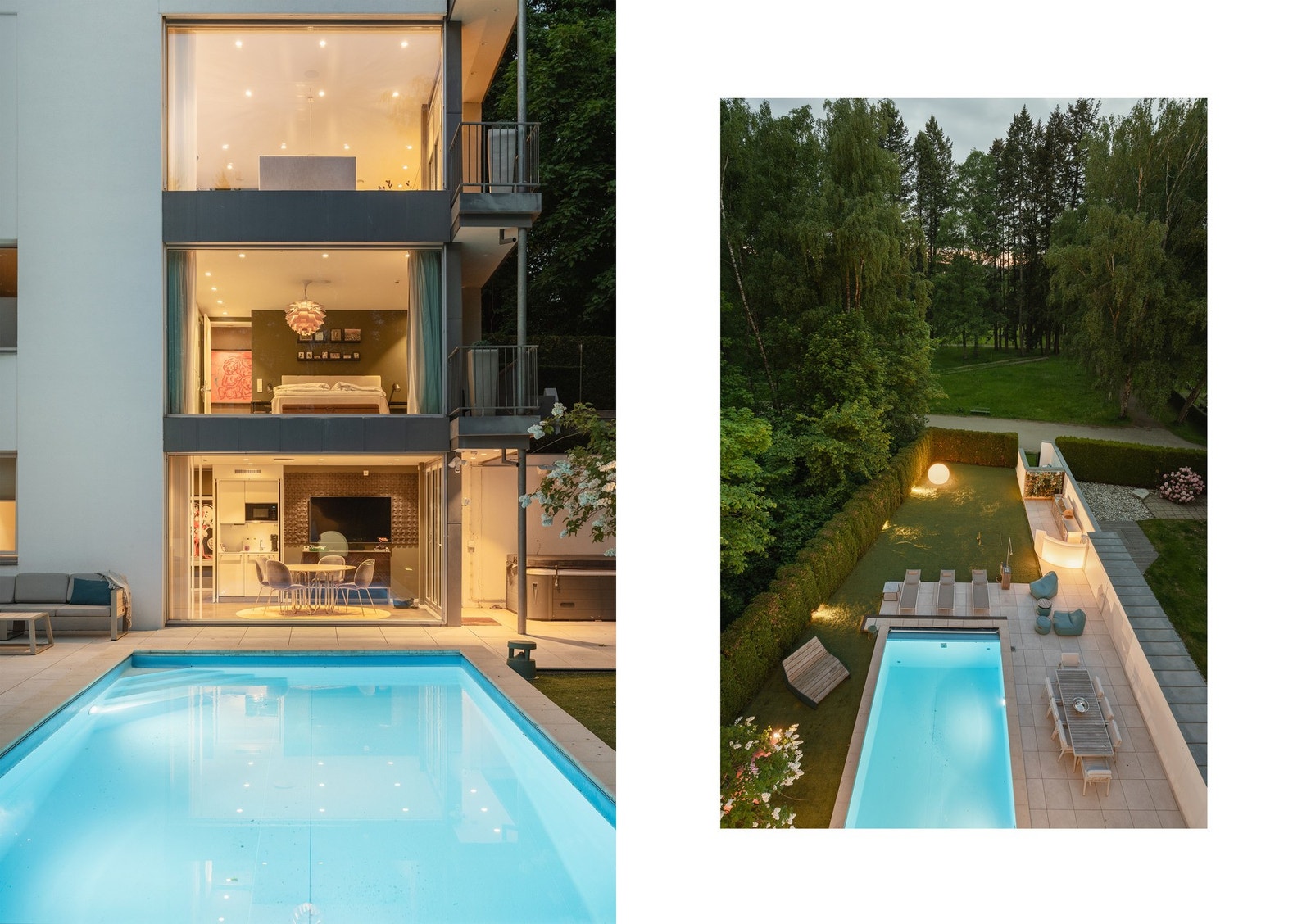 Når kvelden senker seg fremheves boligens rene linjer og moderne arkitektur gjennom store vindusflater og gjennomtenkt lyssetting. Galleribilde