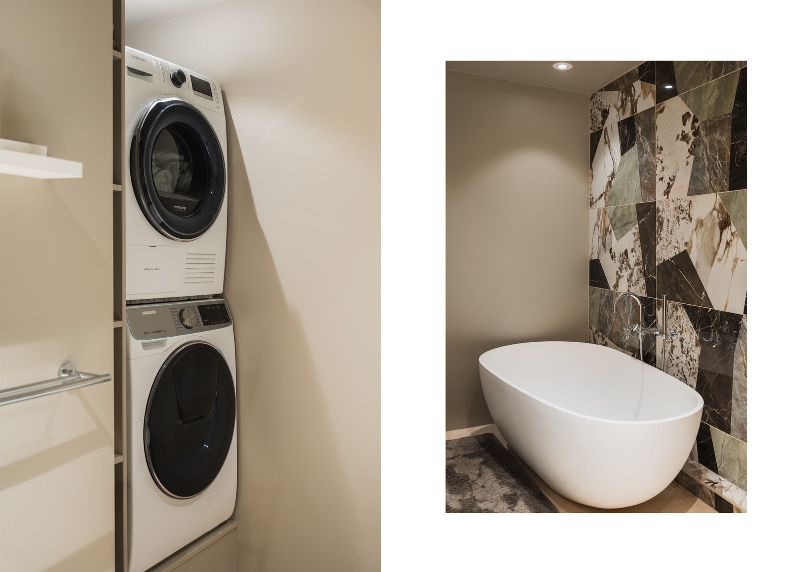 Egen nisje med opplegg for vaskemaskin og tørketrommel på badet i underetasjen. Galleribilde